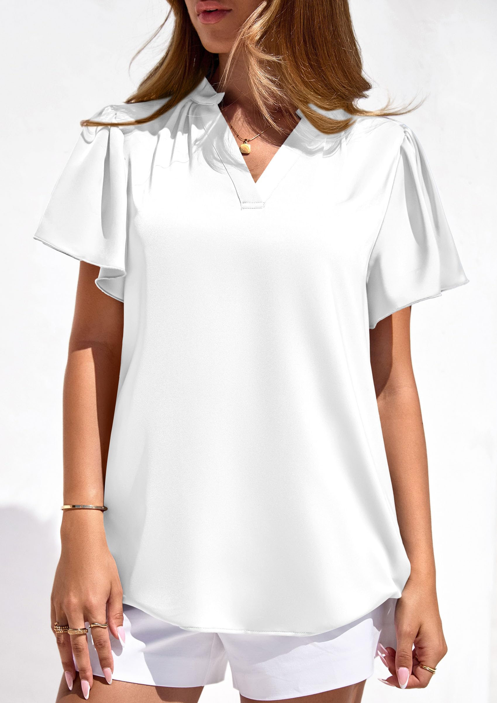 Women's Summer Satin Dressy Casual Blouses (White,S)