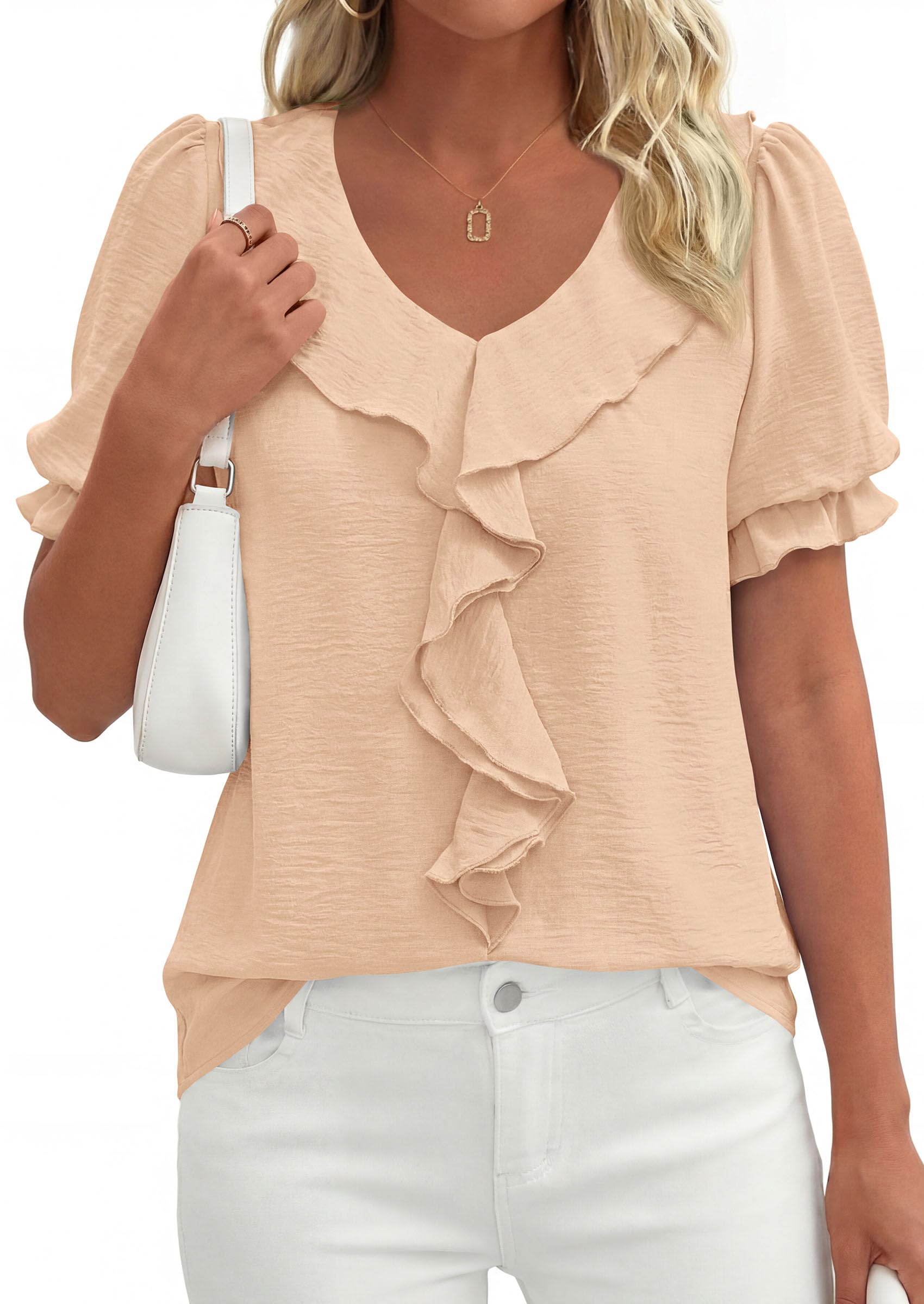 Women's Summer Ruffle Dressy Casual Blouses (Light Khaki,S)