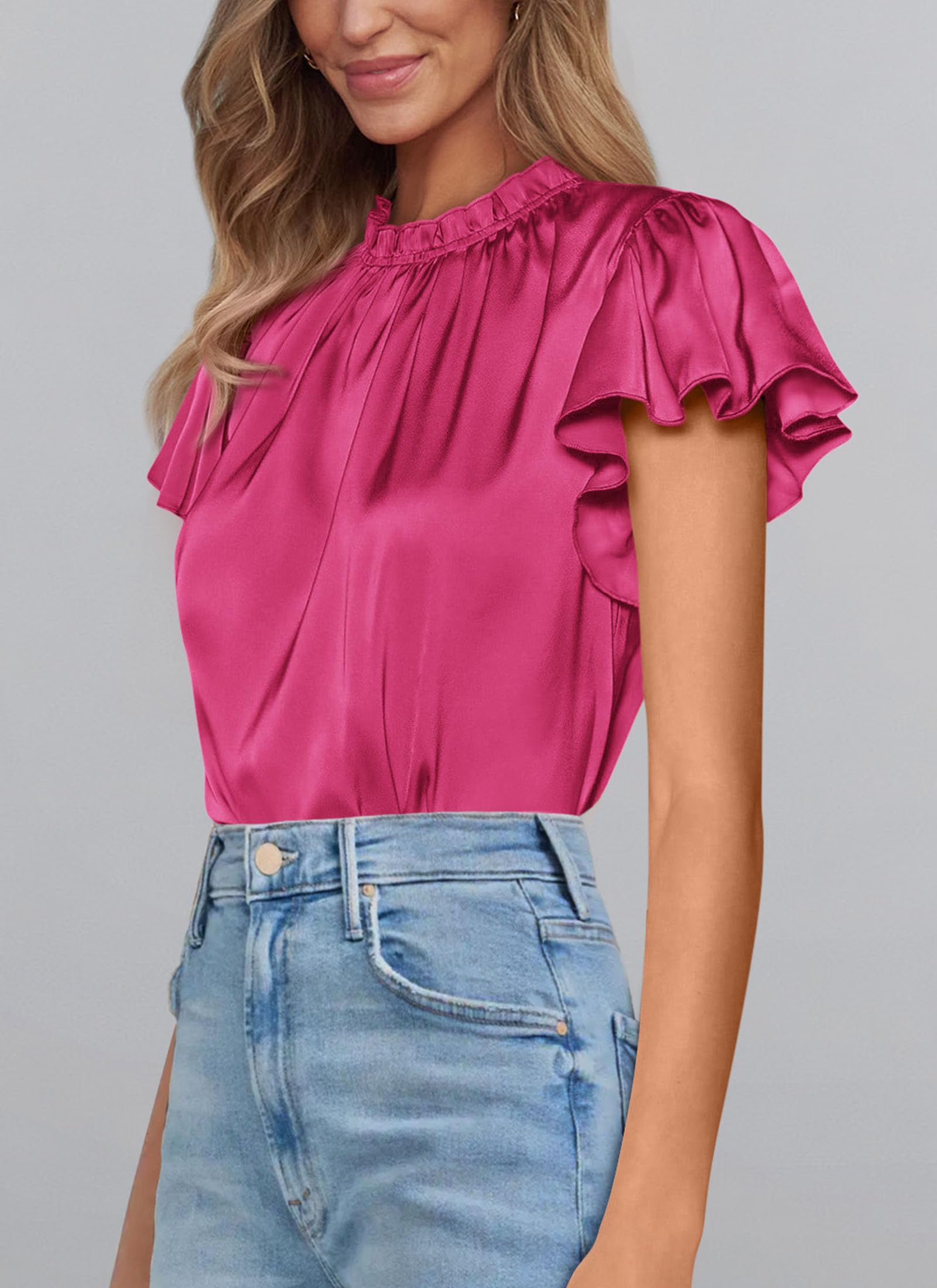 Women's Satin Tops Business Casual Work Blouses, Rose Red,S