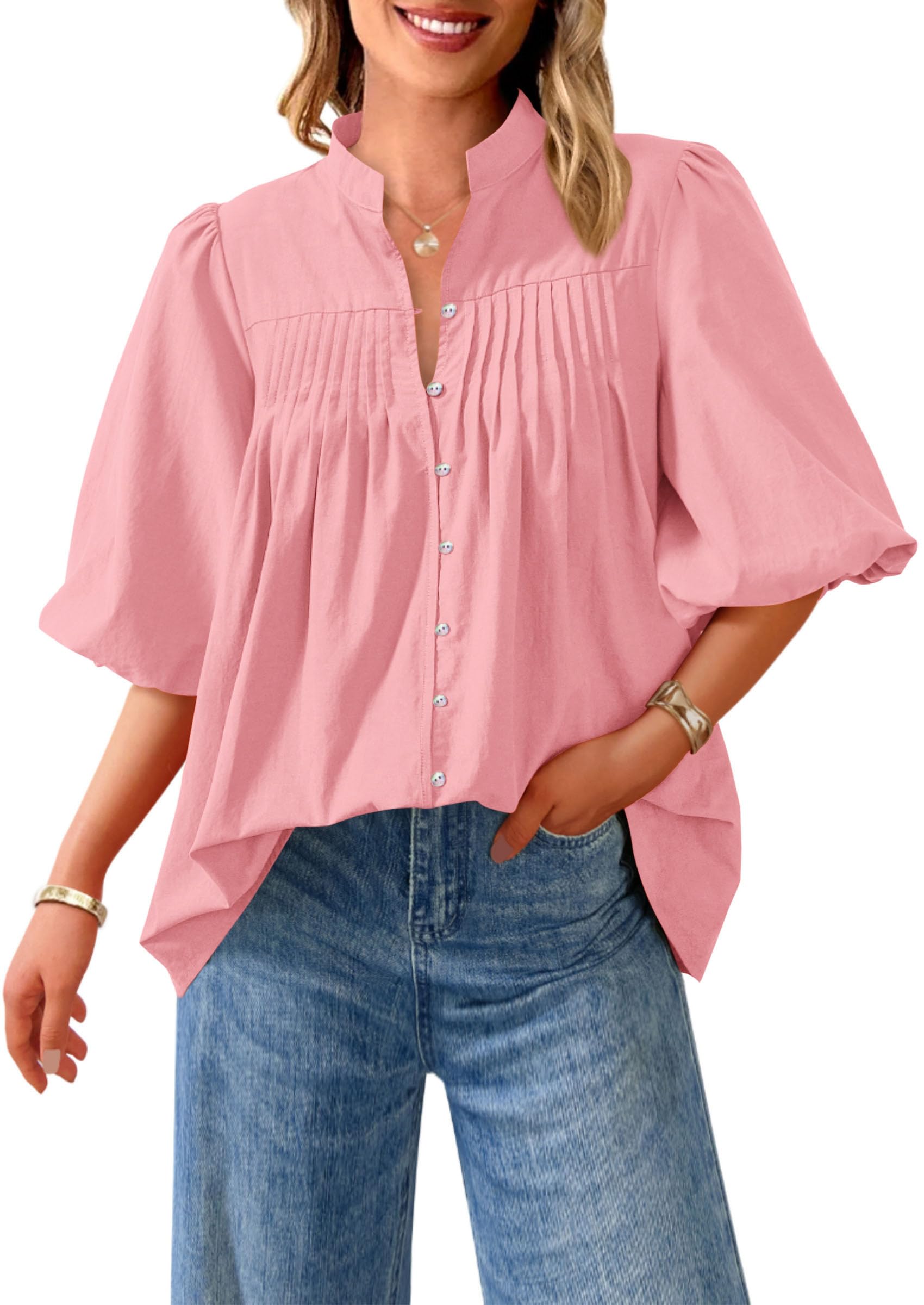 Short Sleeve Henley Shirts for Women,Pink,S