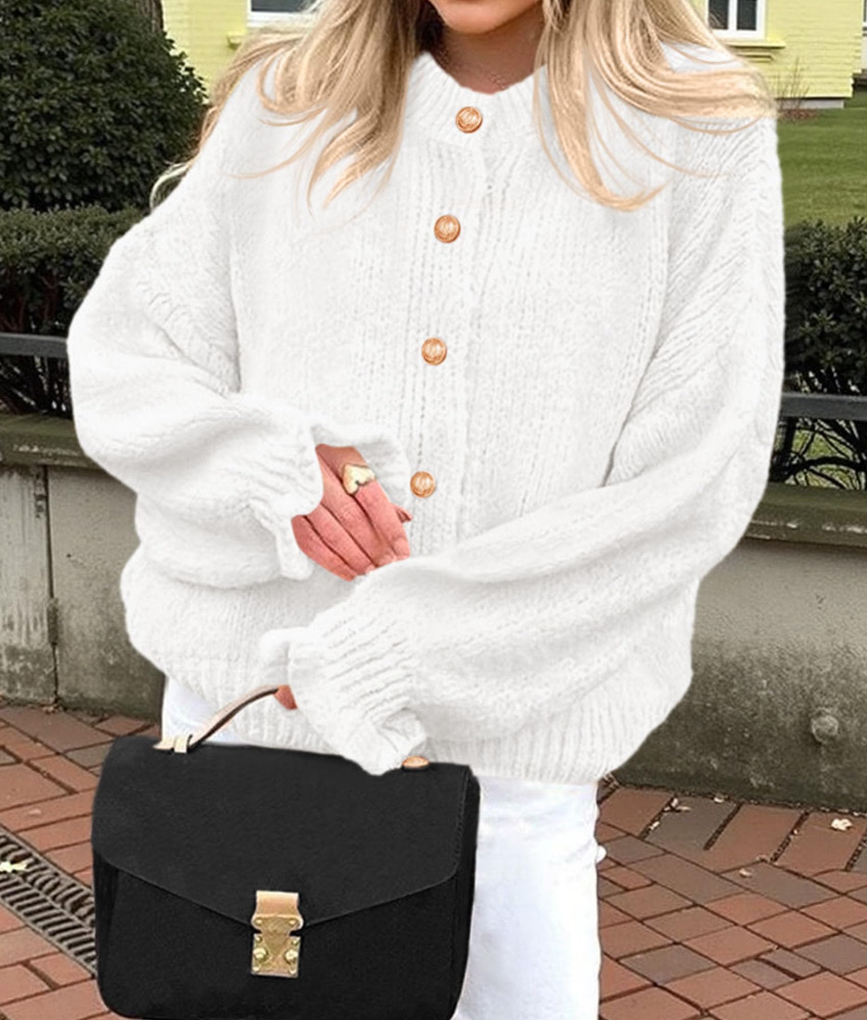 Womens Long Sleeve Chunky Knit Cardigan Sweaters,White,S