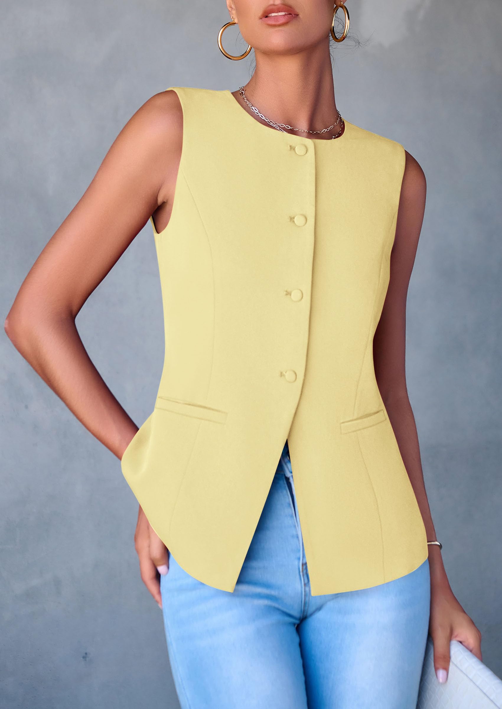 Women Tailored Suit Vest Business Casual Tops, Yellow,S