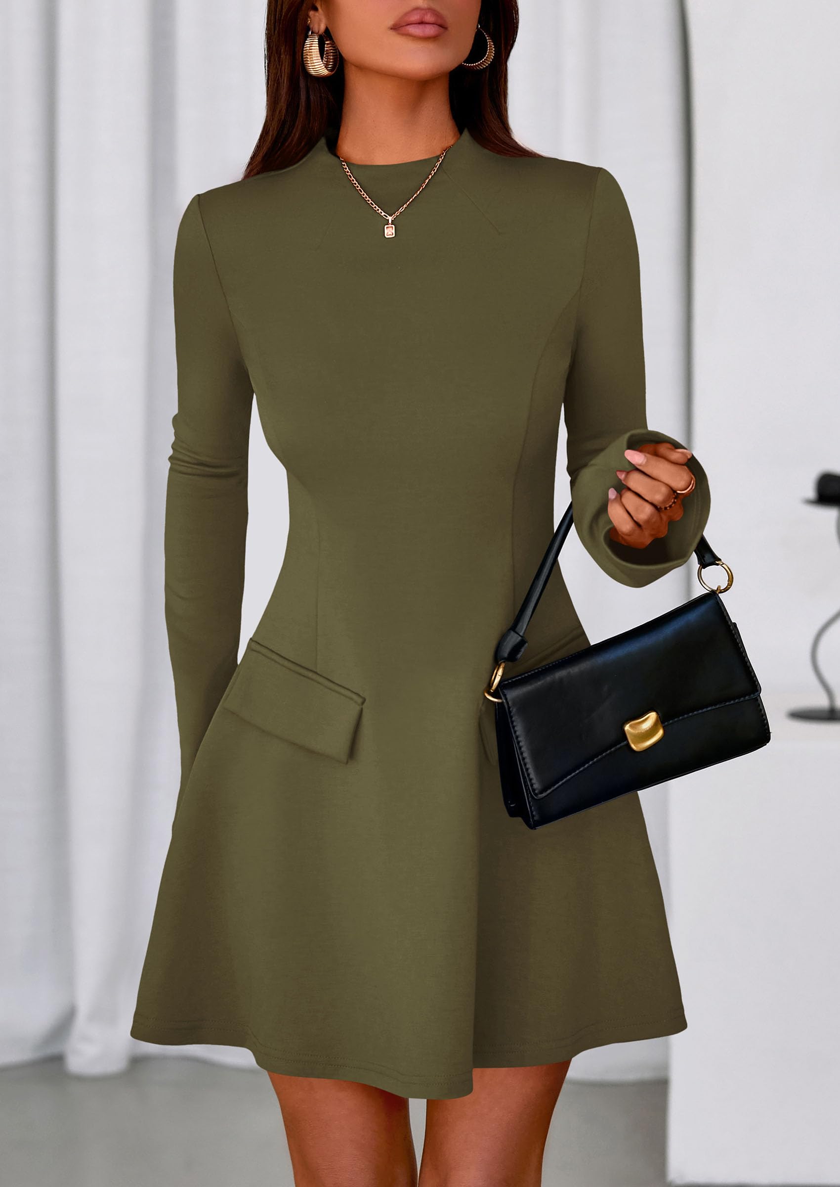 Women's Fall Bell Sleeve Short Dress,Army Green,XS