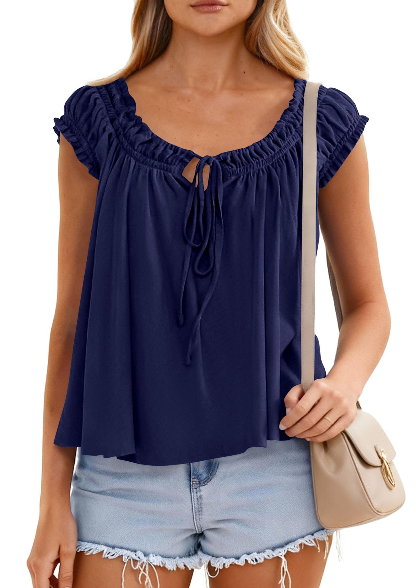 Womens Summer Tank Tops Babydoll Peplum Blouses,Navy Blue,XS