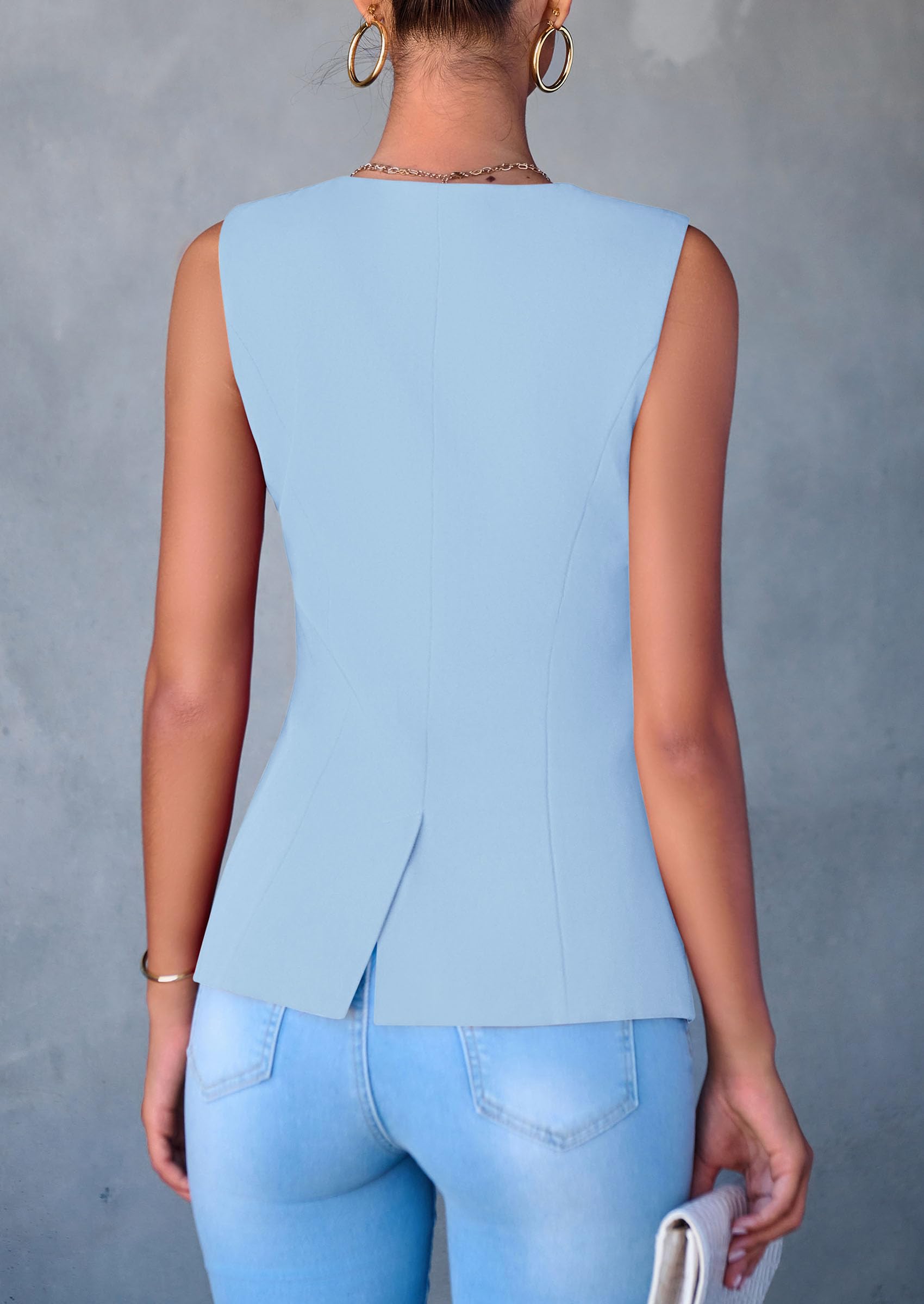 Women Tailored Suit Vest Business Casual Tops, Light Blue,S