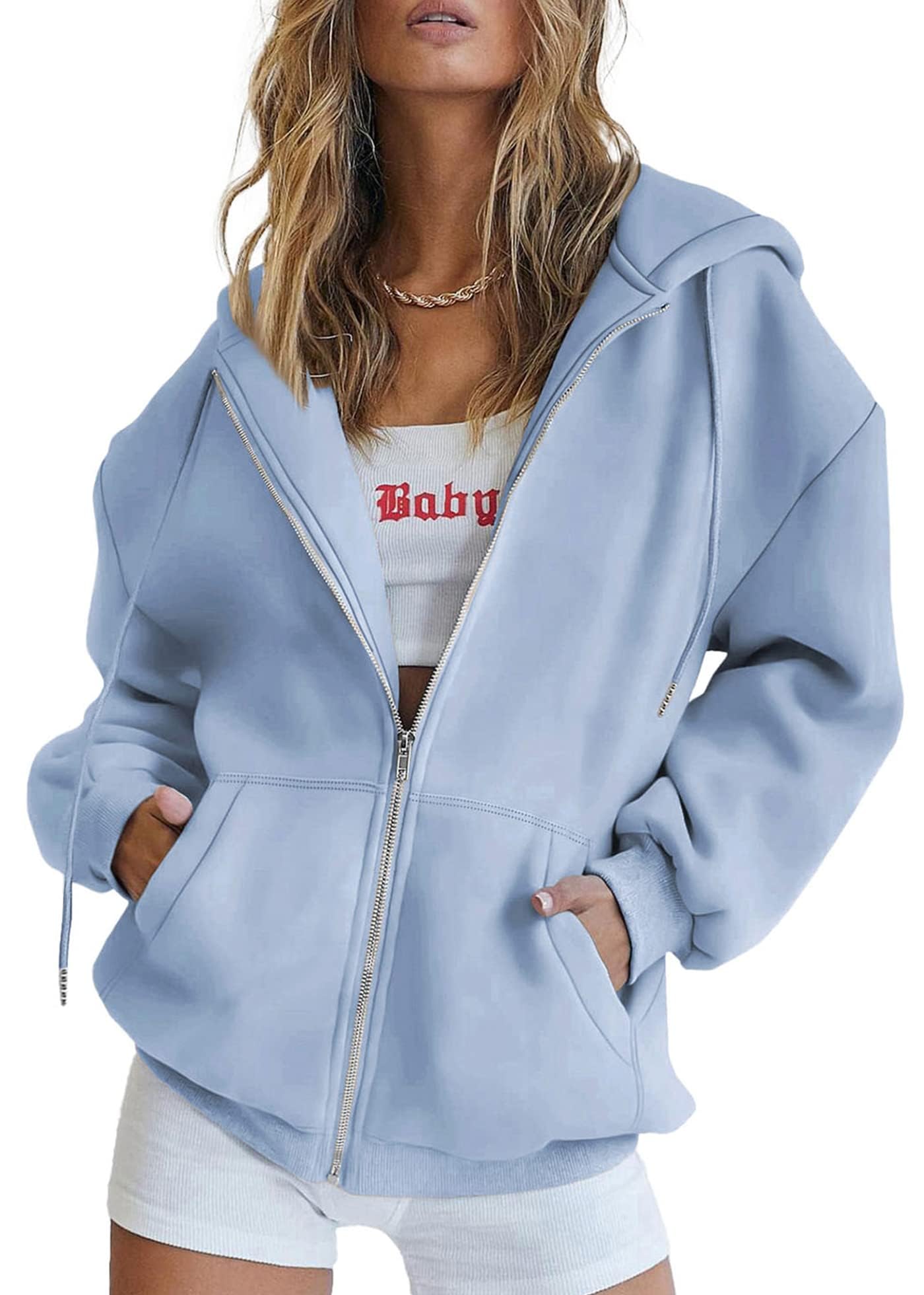 Women's Fall Zip Up Hoodies Sweatshirts Light Blue
