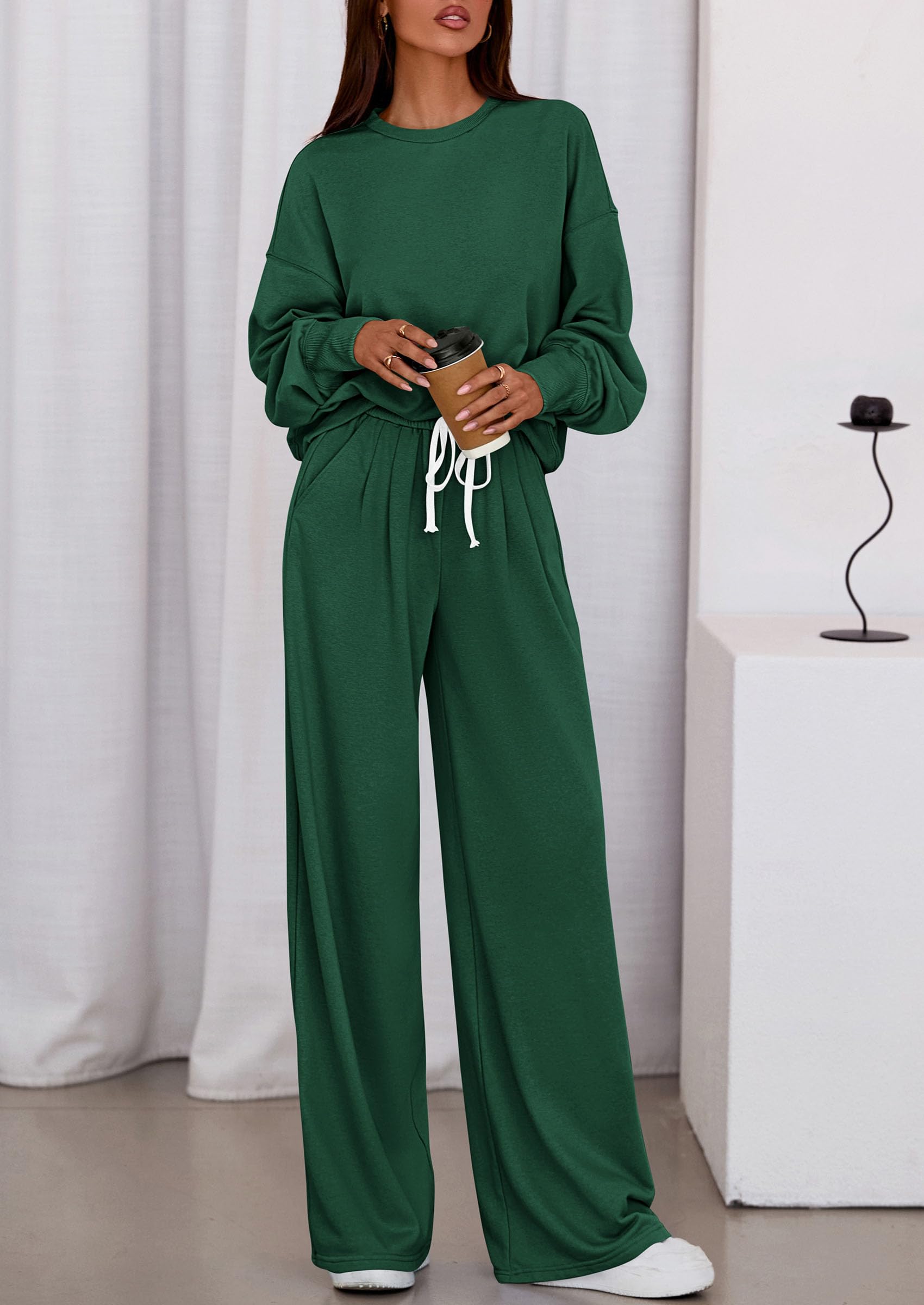 Womens Loose Fit Casual 2 Piece Lounge Set,Dark Green,S