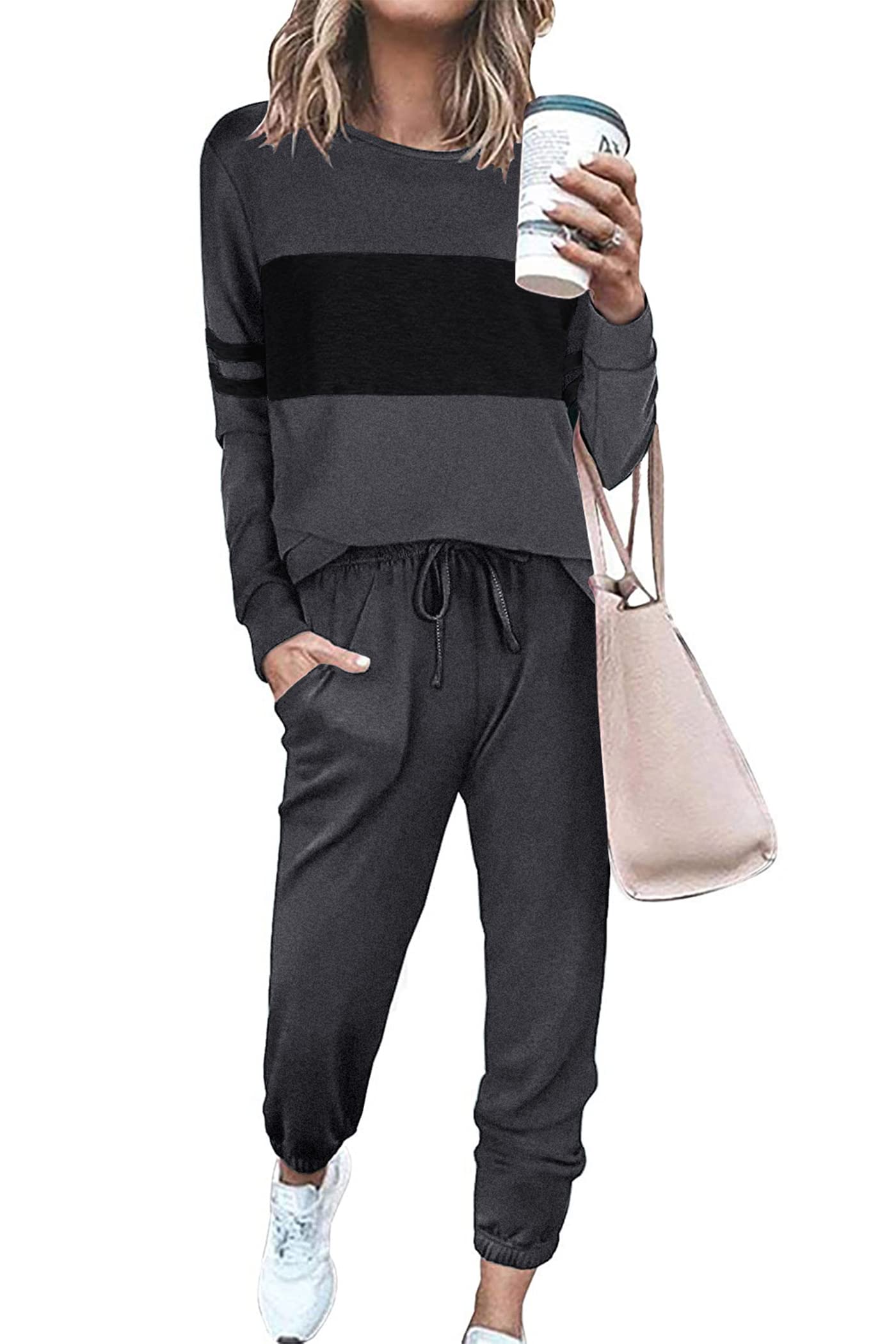 Women Color Block 2 Piece Sets Tracksuit,Dark Grey,S