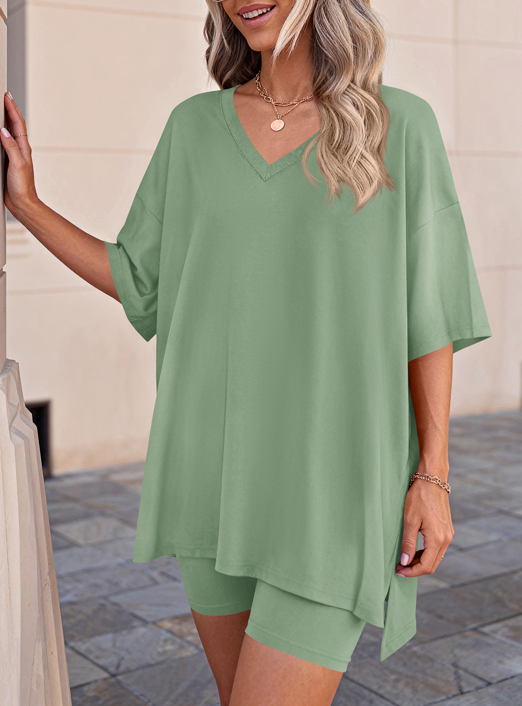Womens 2 Piece Outfit Lounge Short Sets,Bean Green,S