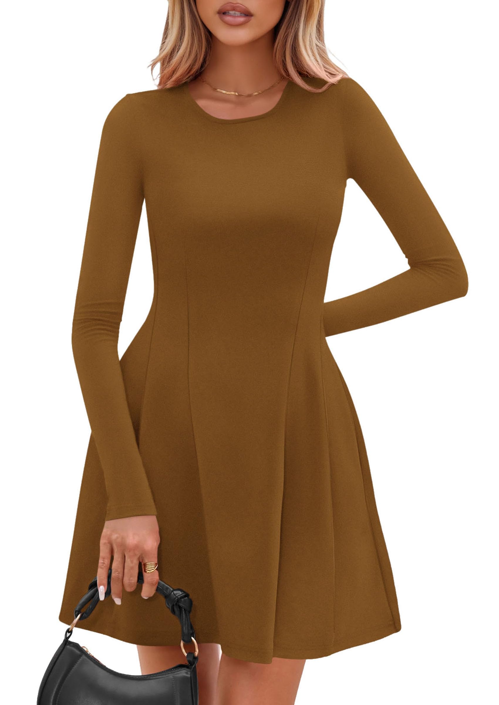 Womens Long Sleeve Pleated Mini Dress,Coffee,XS