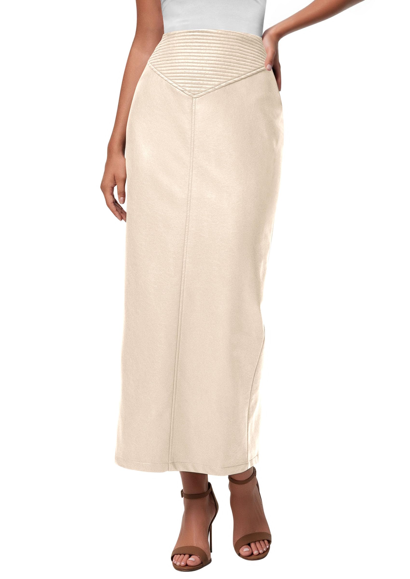 Women's Faux Leather High Waisted Maxi Skirts,Beige,XS