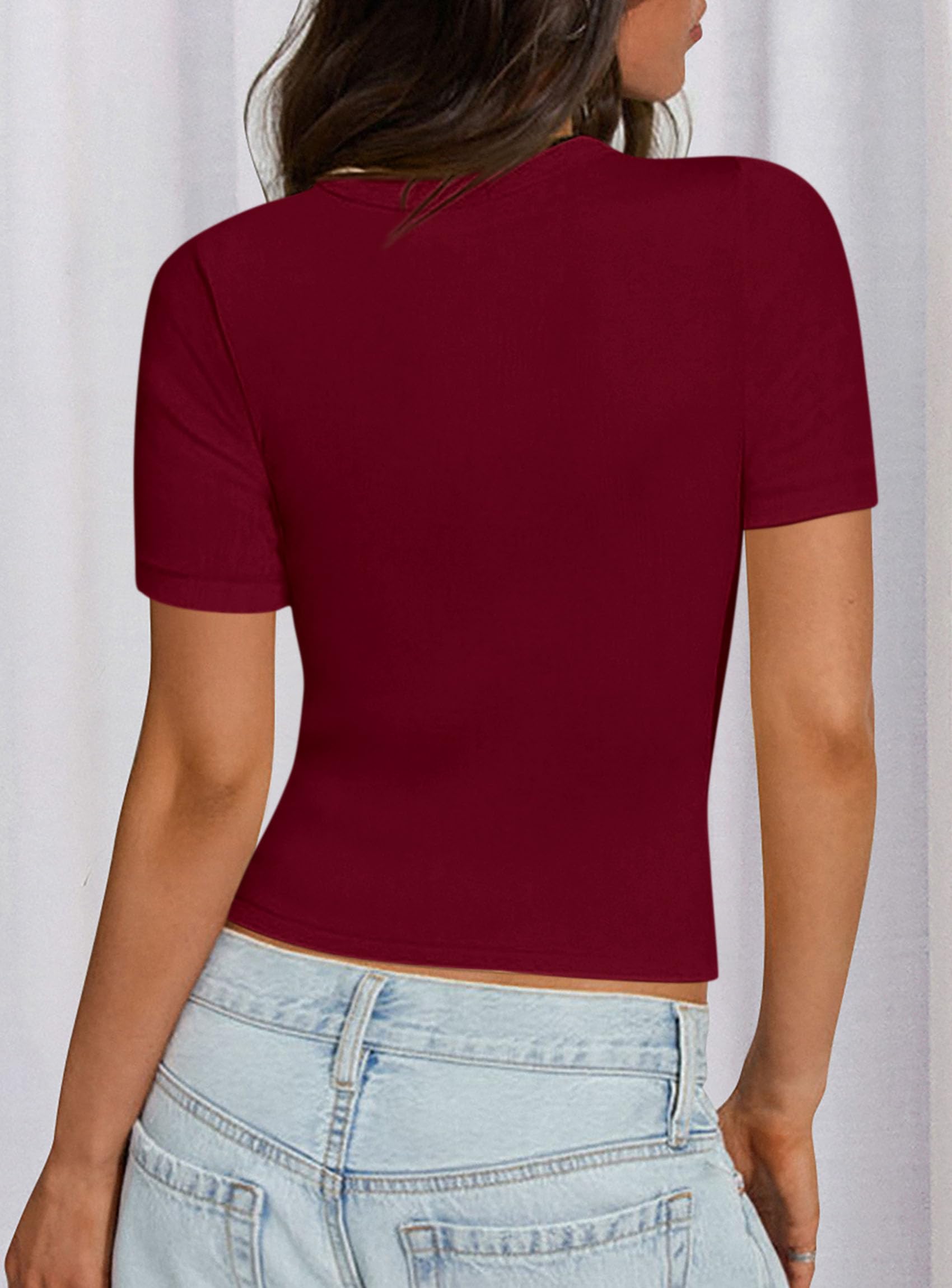 Womens Short Sleeve Slim Fit Basic Shirts,Wine Red,XS