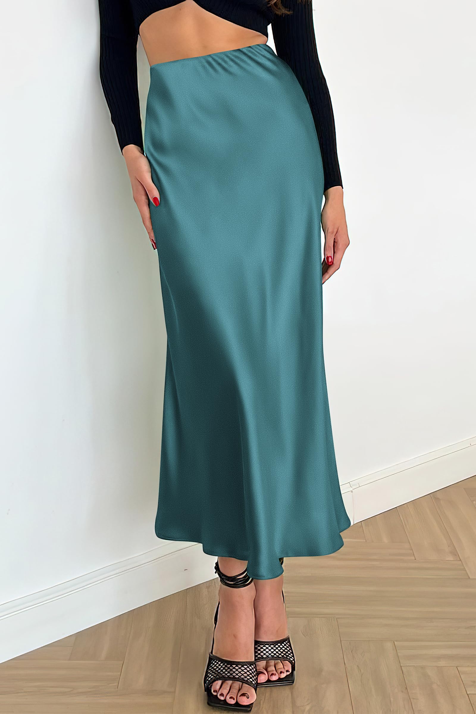 Women's Satin Midi Skirts Dressy Casual,Lake Blue,S