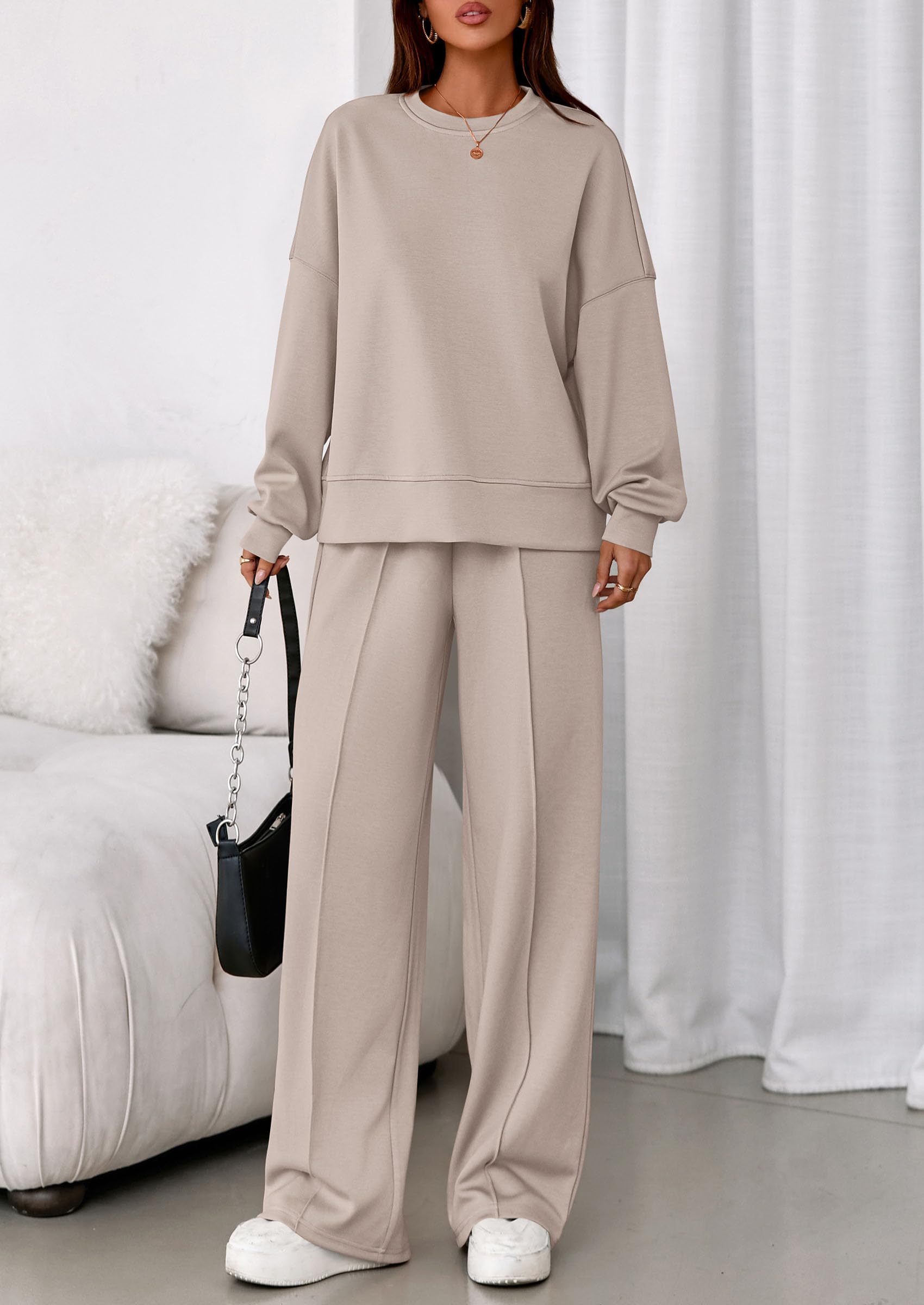 Womens Long Sleeve Sweatshirt 2 Piece Sets,Apricot,S