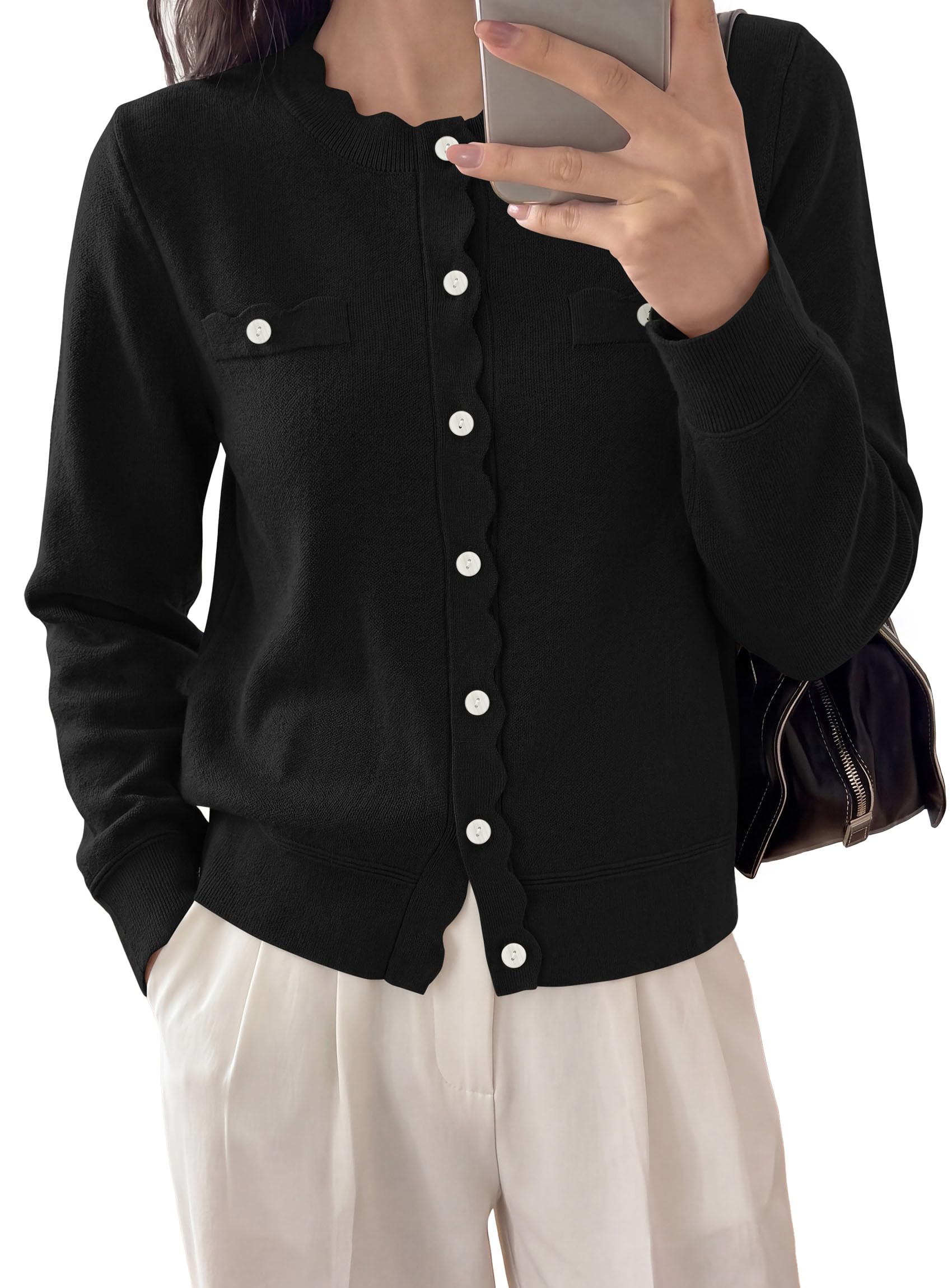 Womens Lightweight Cardigan Sweaters Scalloped Trim Fall Tops