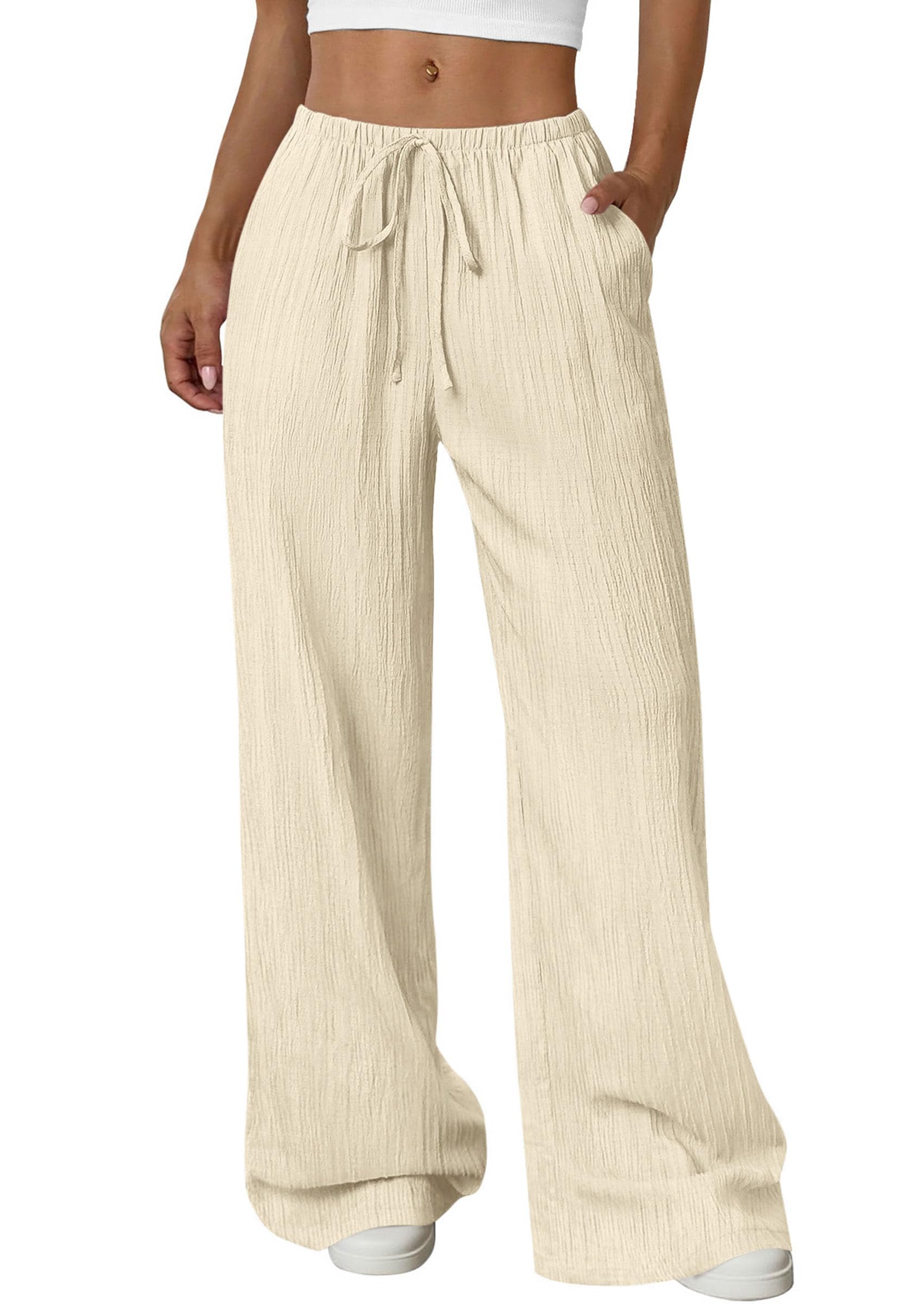 Women's Palazzo Pants Casual Wide Leg Trousers,Beige,S