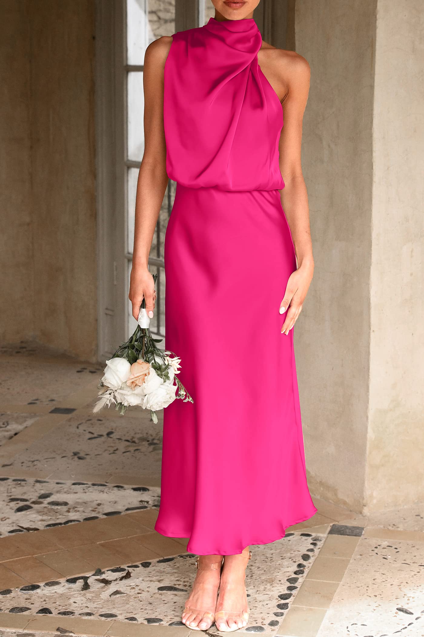Women's Summer Satin Maxi Cocktail Dress Rose Red