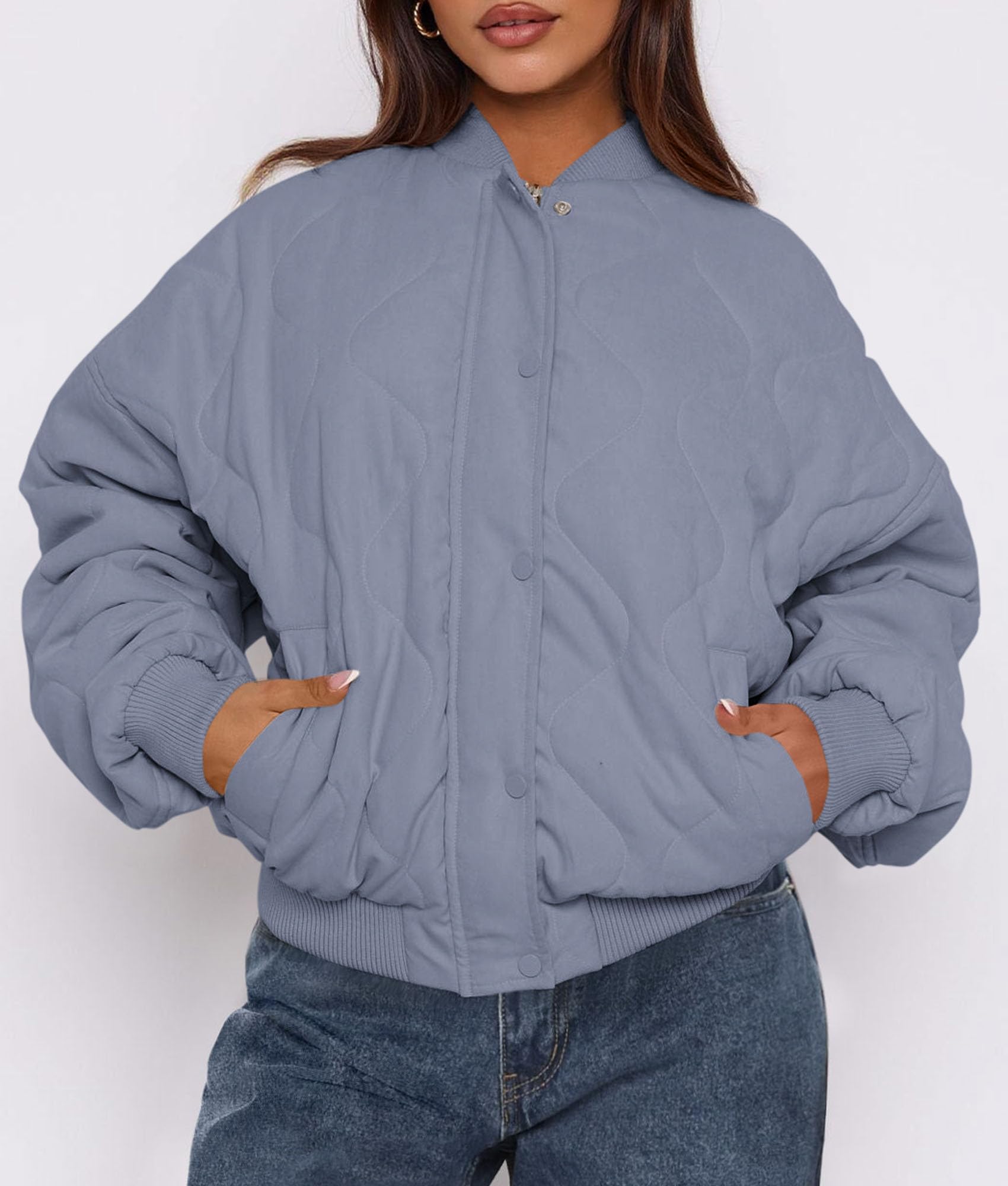 Women's Quilted Bomber Jacket Fall Fashion 2026 Lightweight Cropped Zip up Outerwear Winter Puffer Coats Pockets (Dusty Blue,Small)