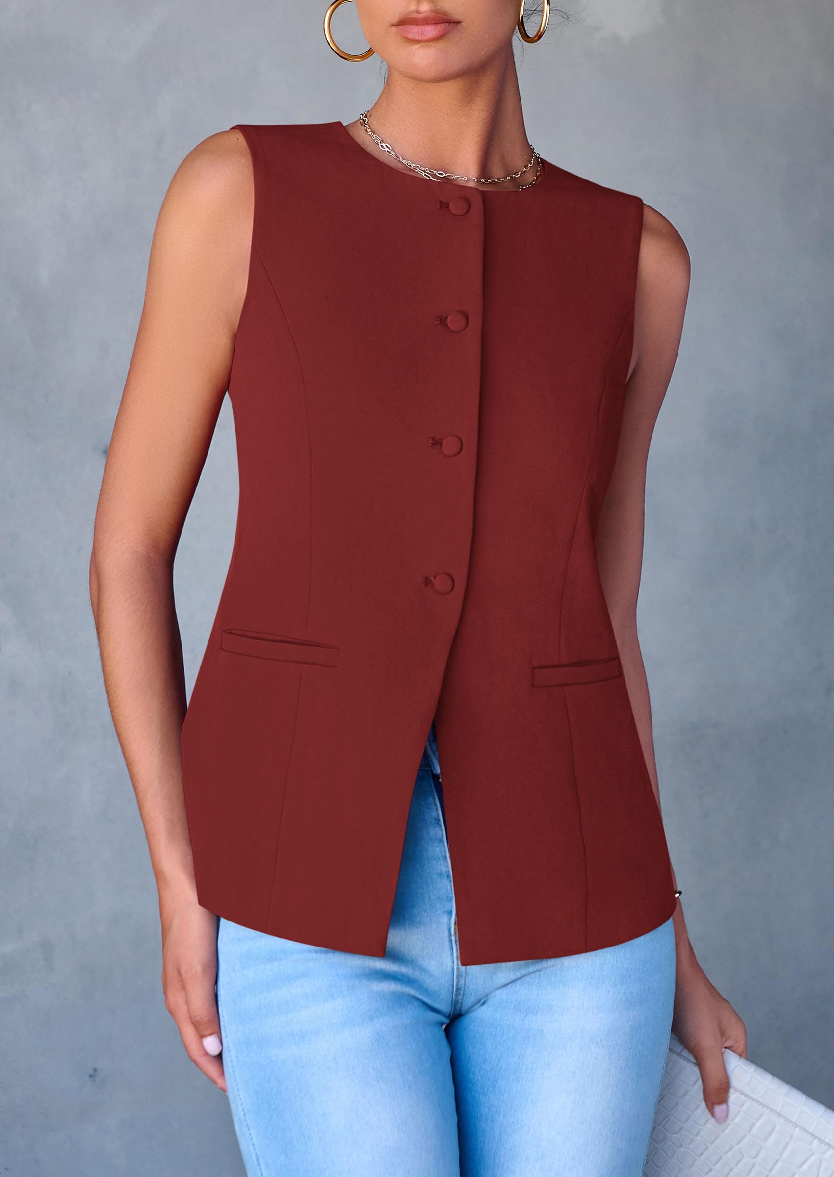 Women Tailored Suit Vest Business Casual Tops, Orange Red,S
