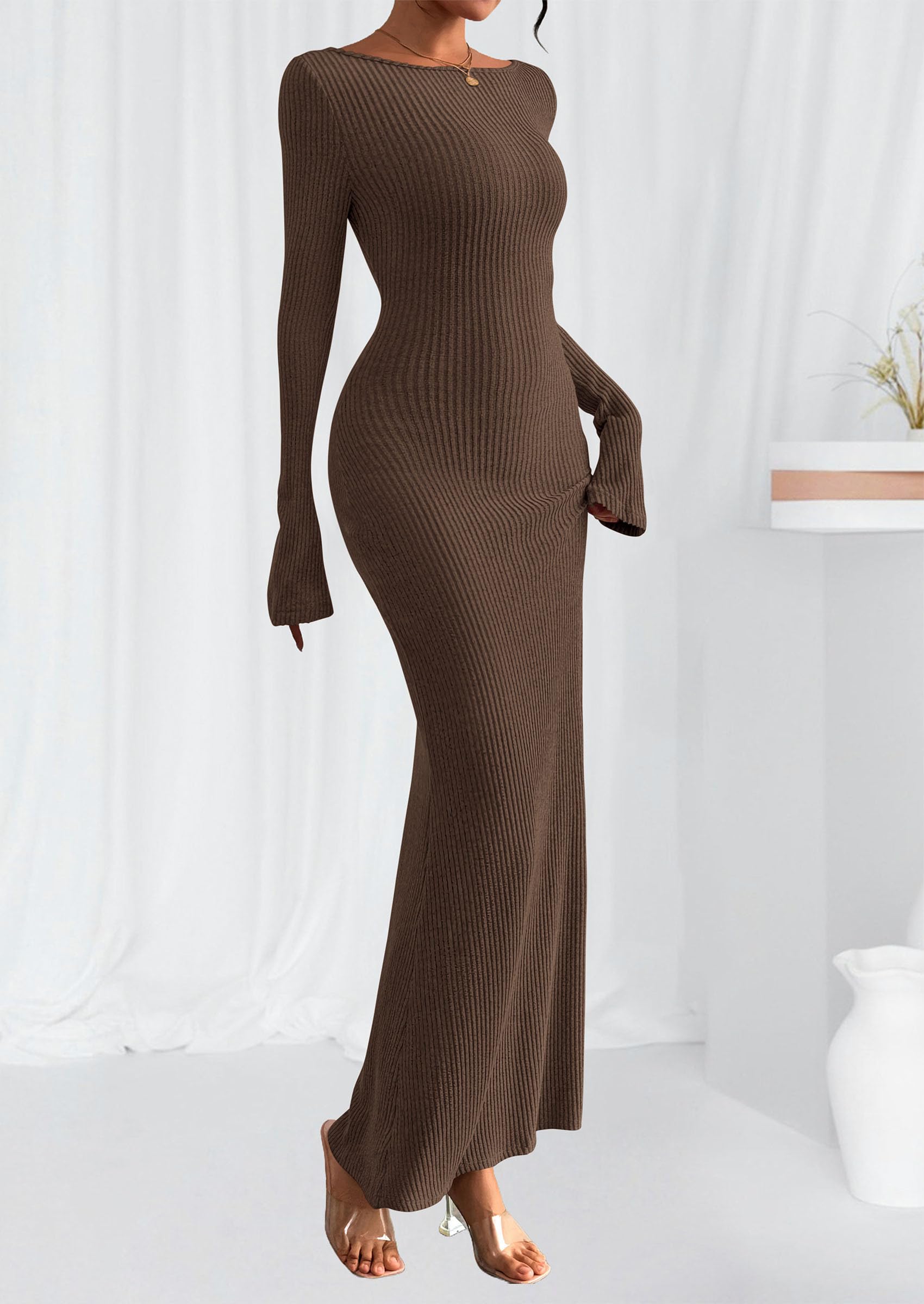Women's Fall Long Sleeve Bodycon Maxi Dresses (Dark Brown,XS)