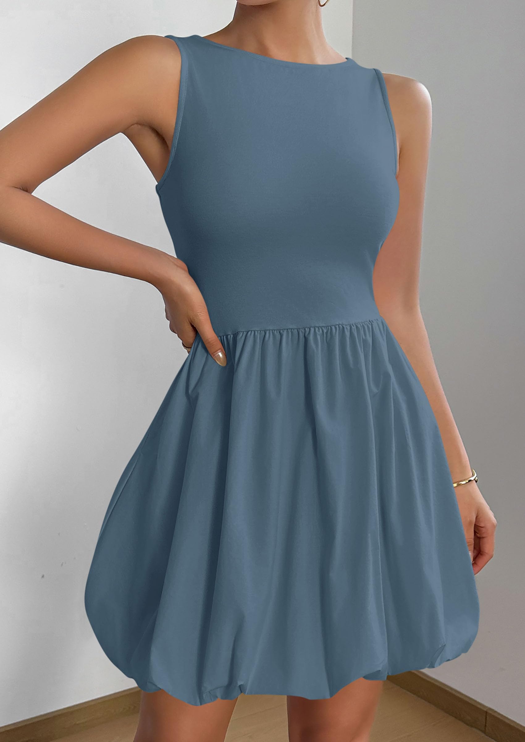 Womens Summer Bubble Sleeveless Mini Dress,Grey Blue,S