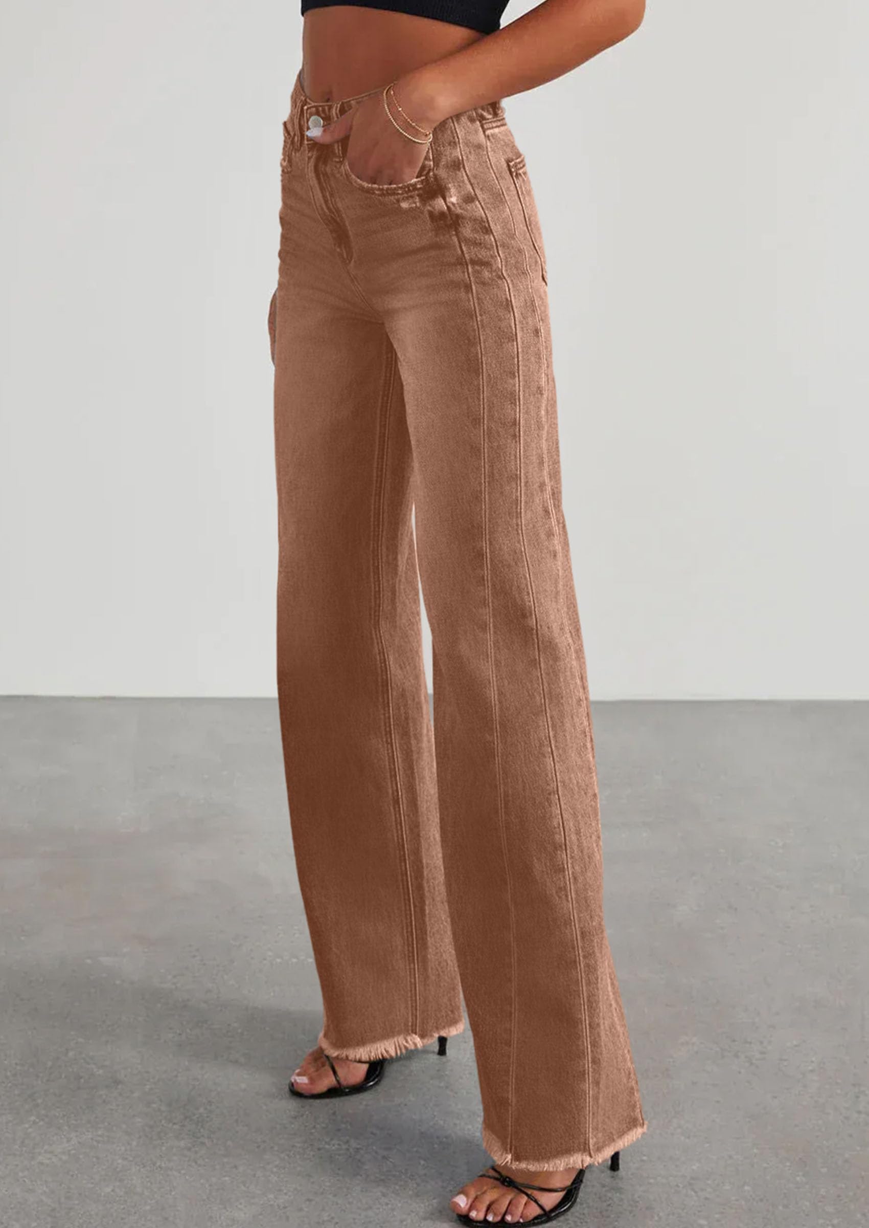 Women's Wide Leg Jeans Raw Hem Denim Pants,Brown,6