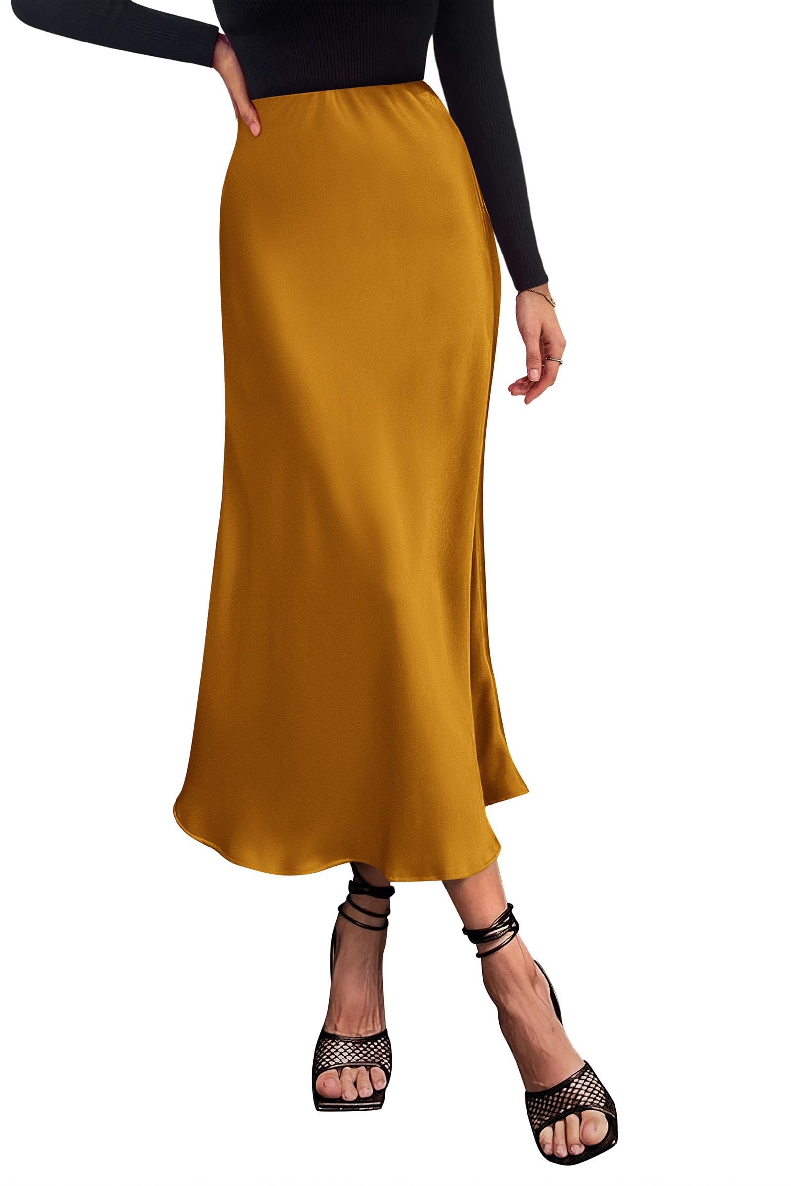 Women's Satin Midi Skirts Dressy Casual,Brown Yellow,S