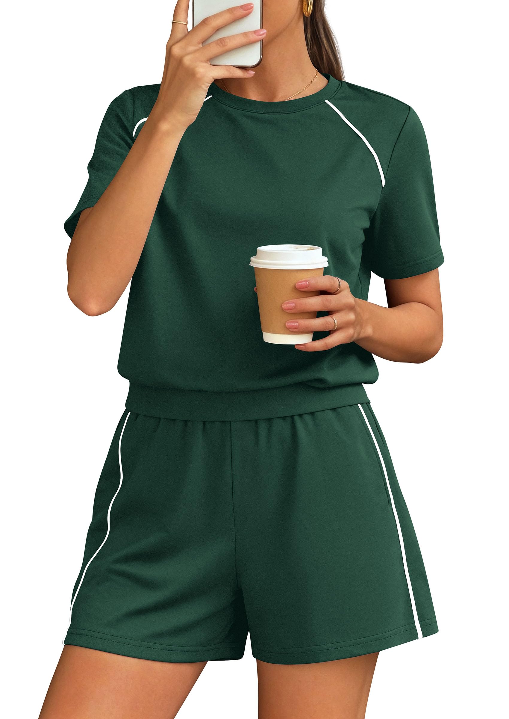 Womens 2 Piece Short Sets Casual Summer Outfits, Dark Green,S