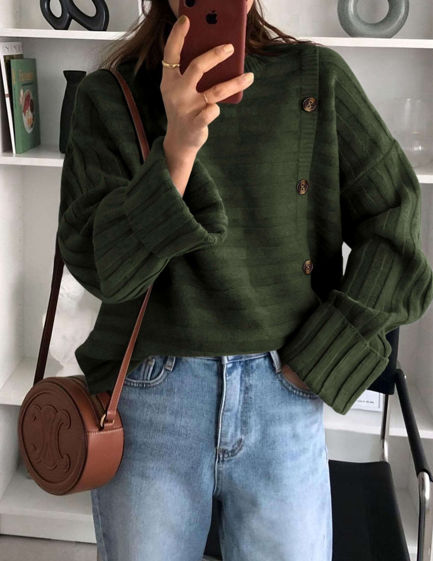 Womens Asymmetric Button Long Sleeve Sweater,Army Green,S
