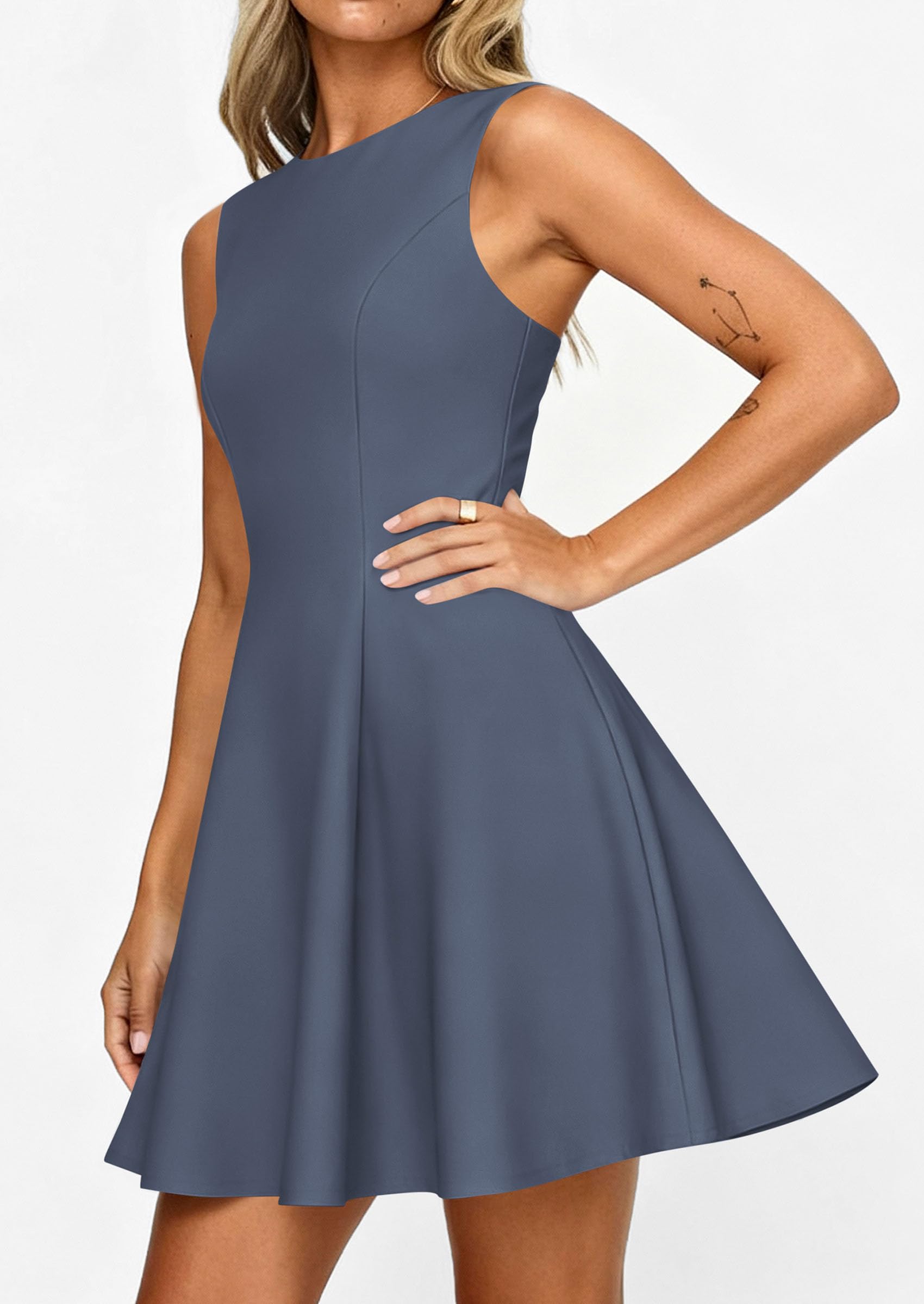 Women's Formal Boat Neck A Line Mini Dress,Dusty Blue,XS