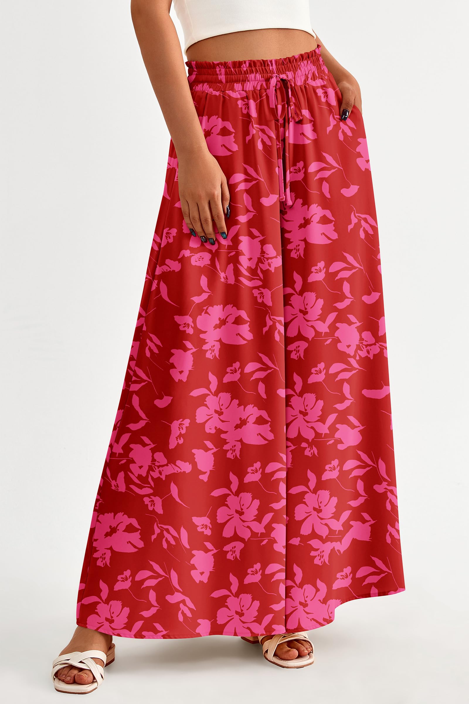 Summer Wide Leg Palazzo Pants for Women Casual,Print Red,S