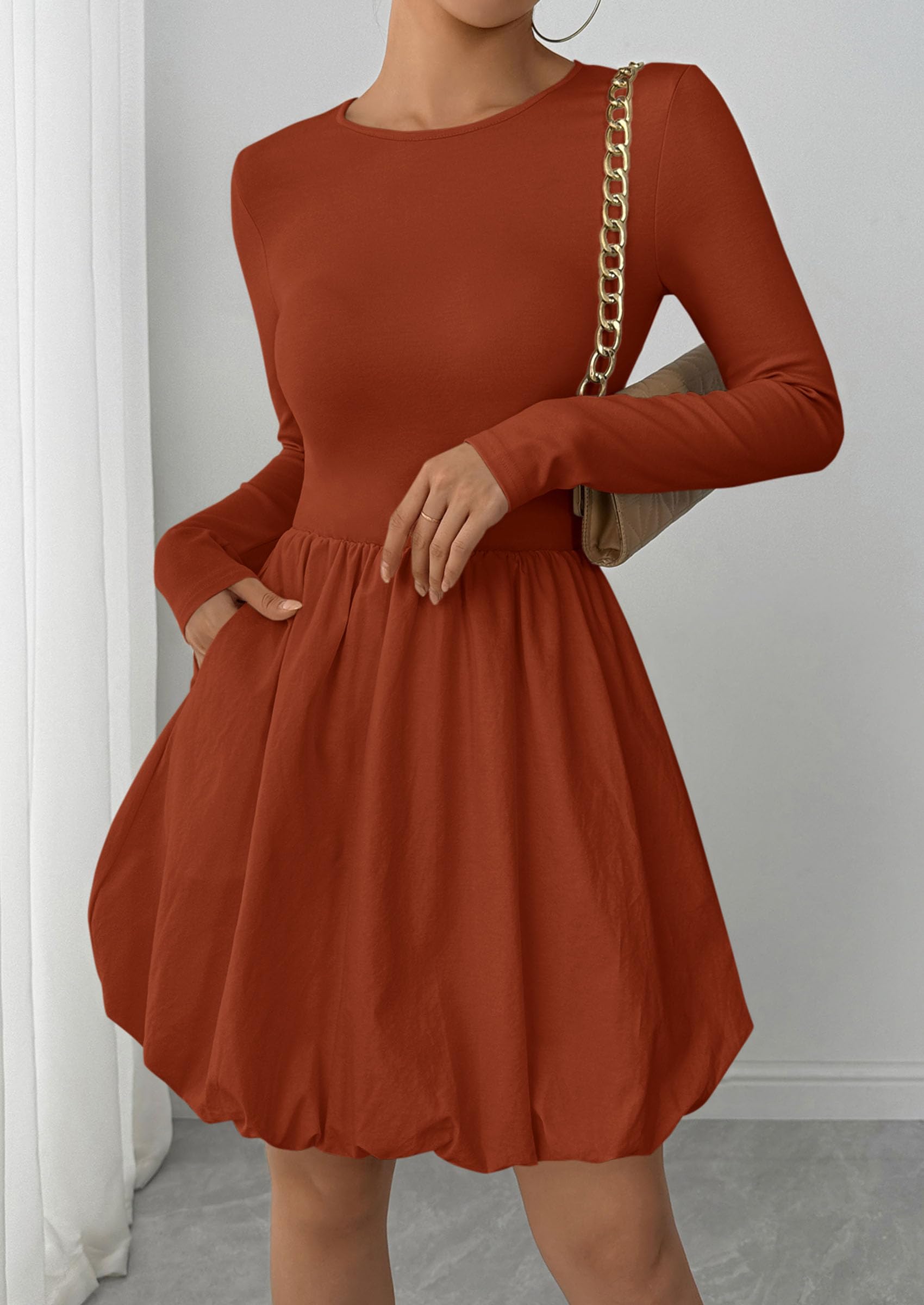 Fall Dresses for Women 2026 Bubble Mini Dress,Brick Red,S