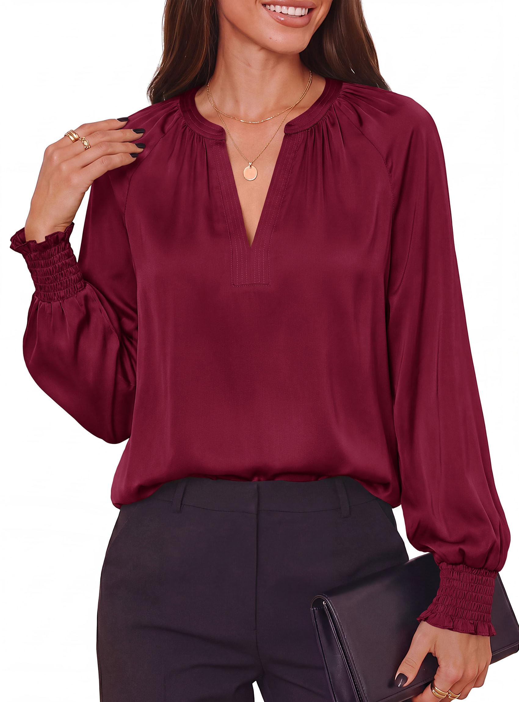 Women's Satin Blouses V Neck Long Sleeve Tops,Burgundy,S