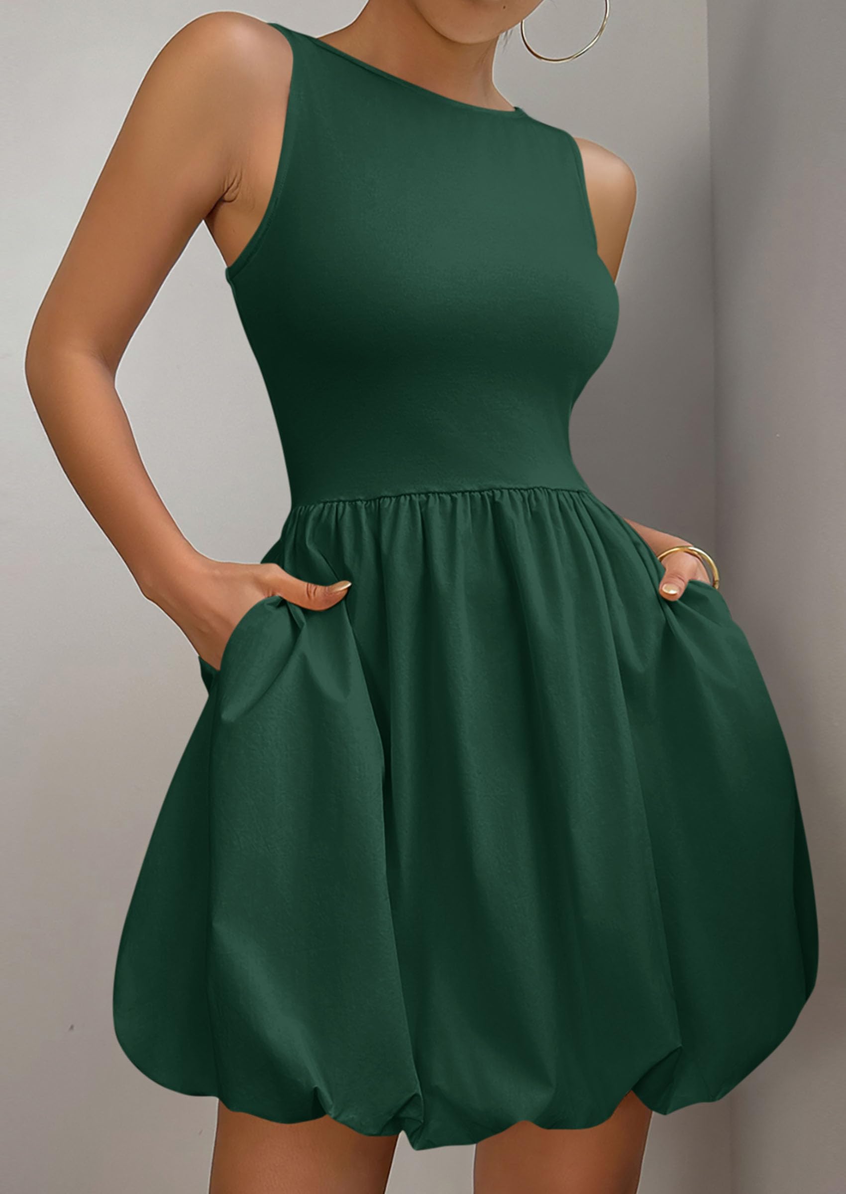 Womens Summer Bubble Sleeveless Mini Dress,Dark Green,S