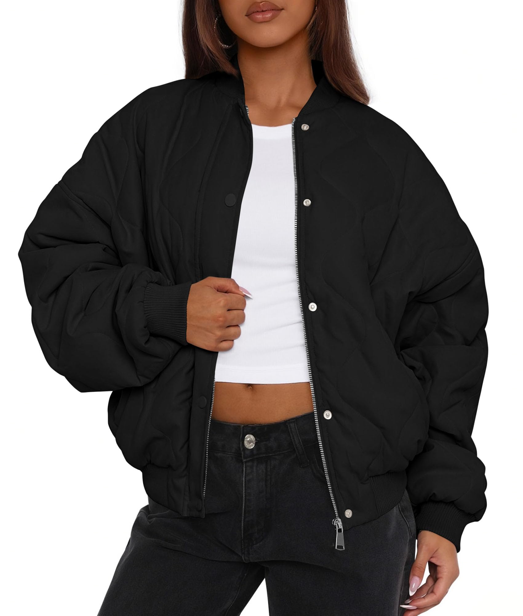 Women's Quilted Bomber Jacket Fall Fashion 2026 Lightweight Cropped Zip up Outerwear Winter Puffer Coats Pockets (Black,Small)