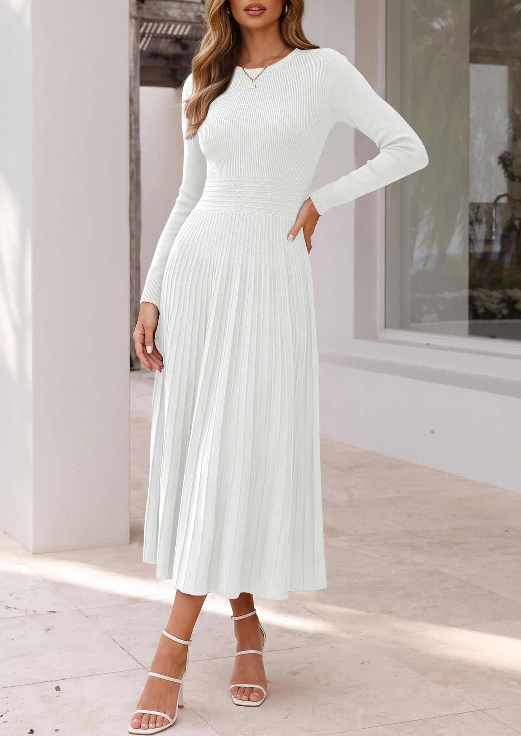 Women's Long Sleeve Knit Maxi Sweater Dress,White,S