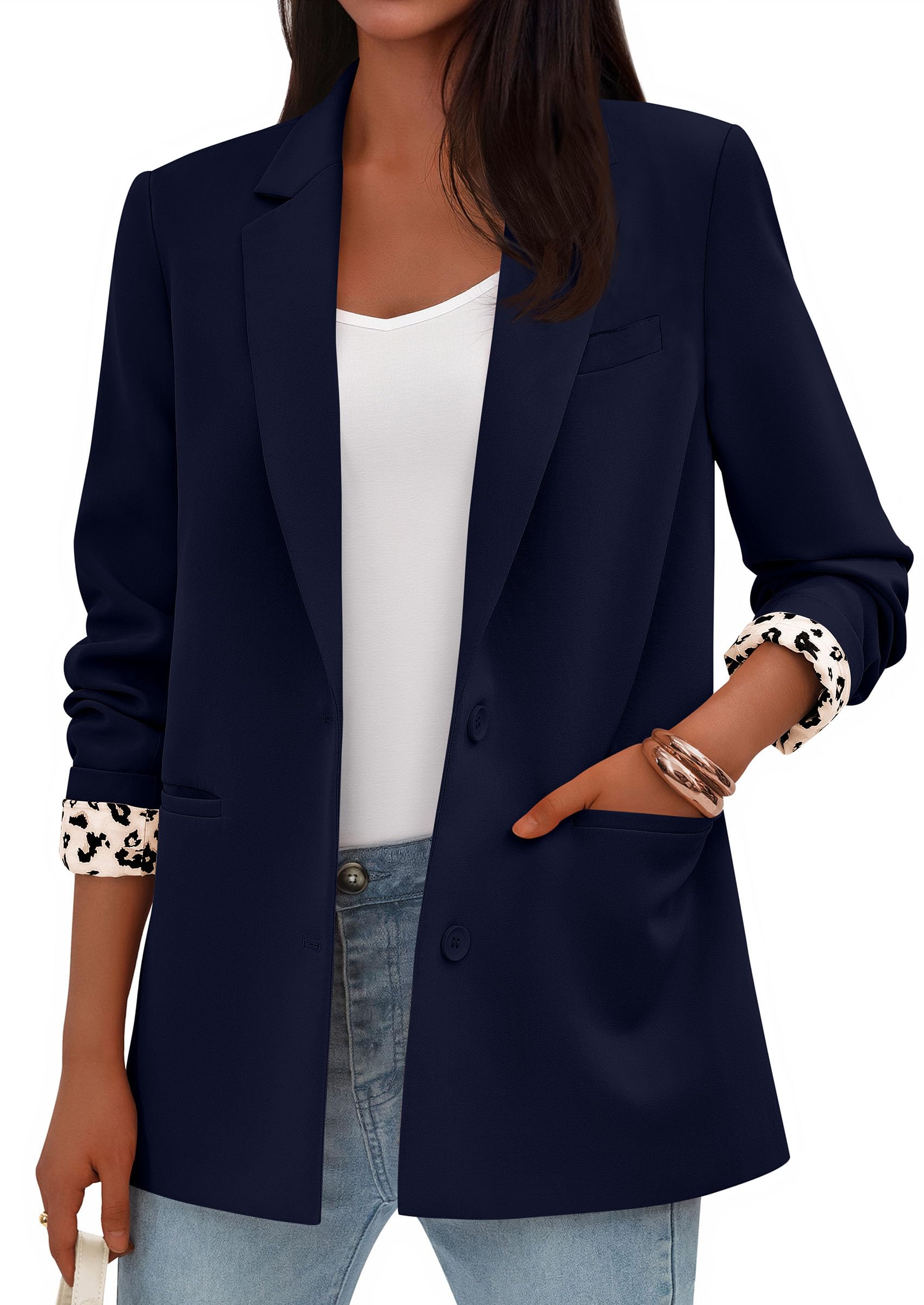 Womens Open Front Leopard Blazers Suit Jackets,Dark Blue,S