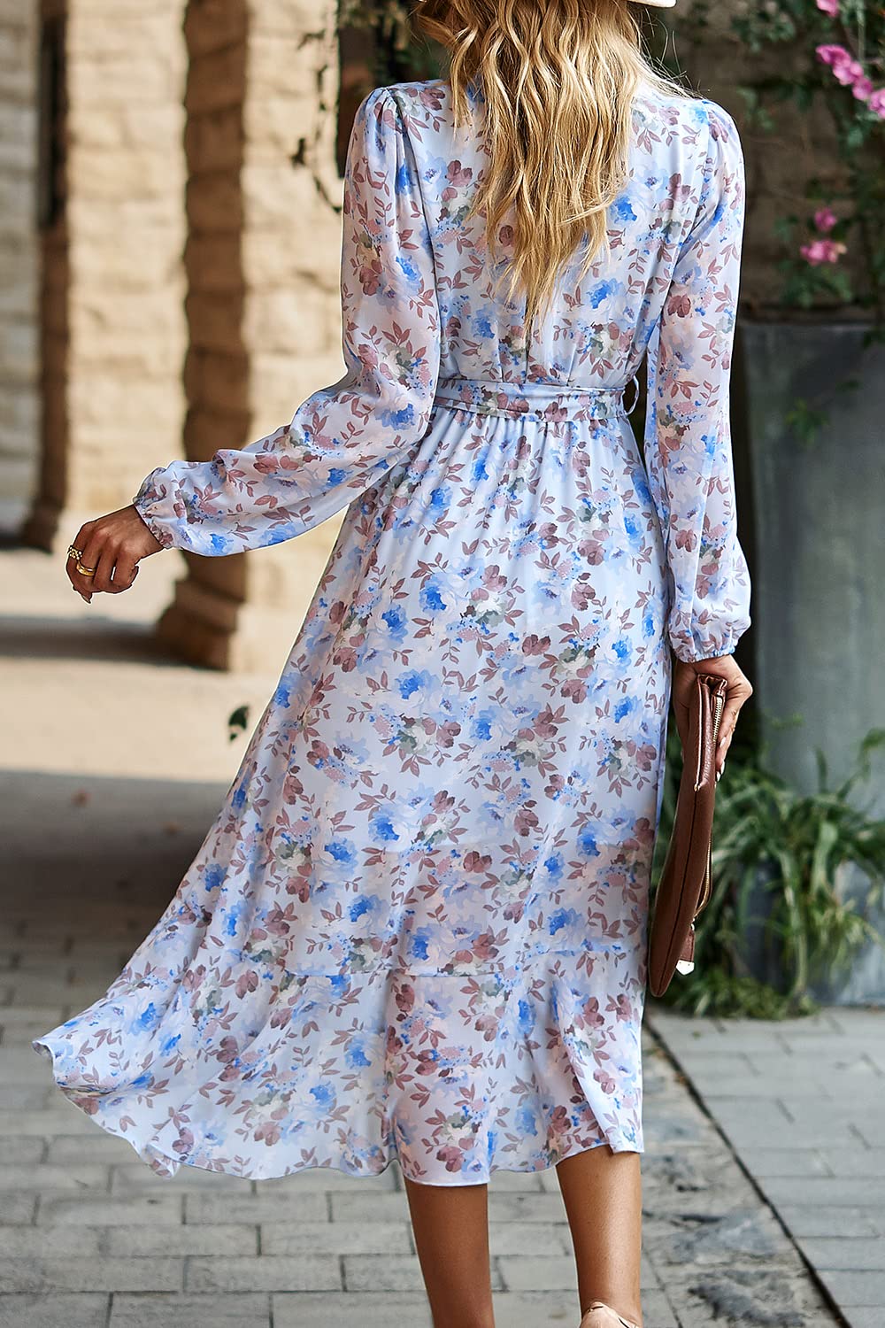 Women Floral Boho Long Sleeve Maxi Dress, Floral Light Blue,S