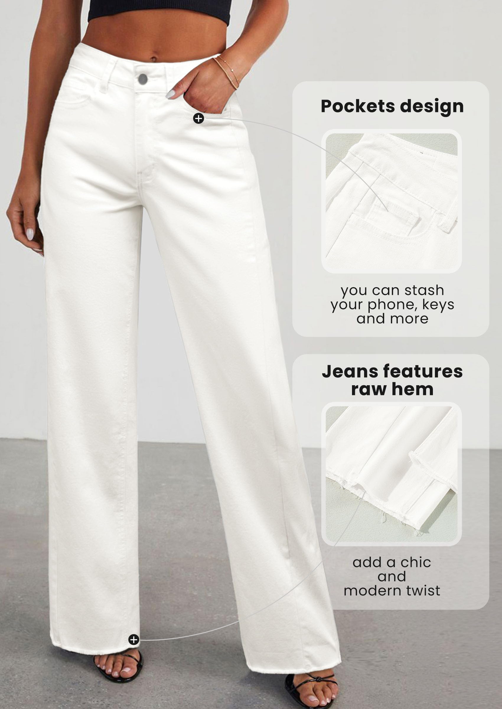 Women's Wide Leg Jeans Raw Hem Denim Pants,White,4