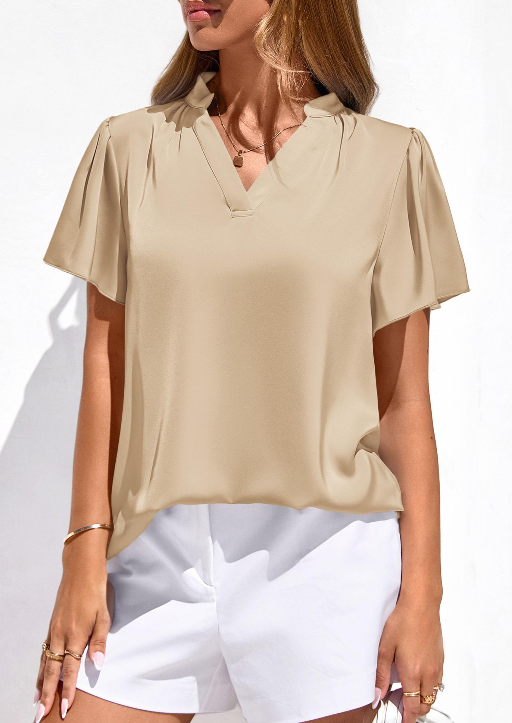 Women's Summer Satin Dressy Casual Blouses (Light Khaki,S)