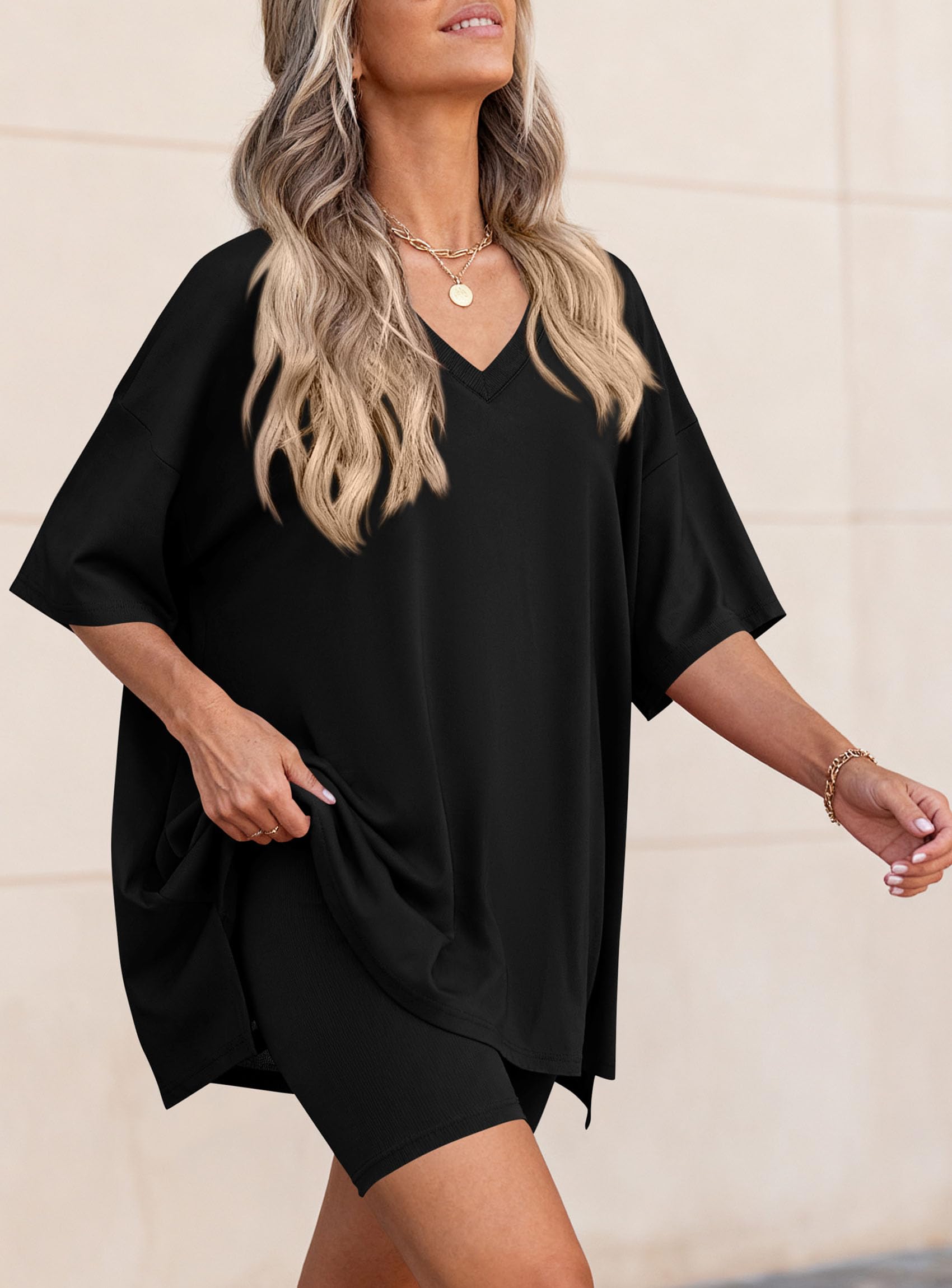 Womens 2 Piece Outfit Lounge Short Sets,Black,S