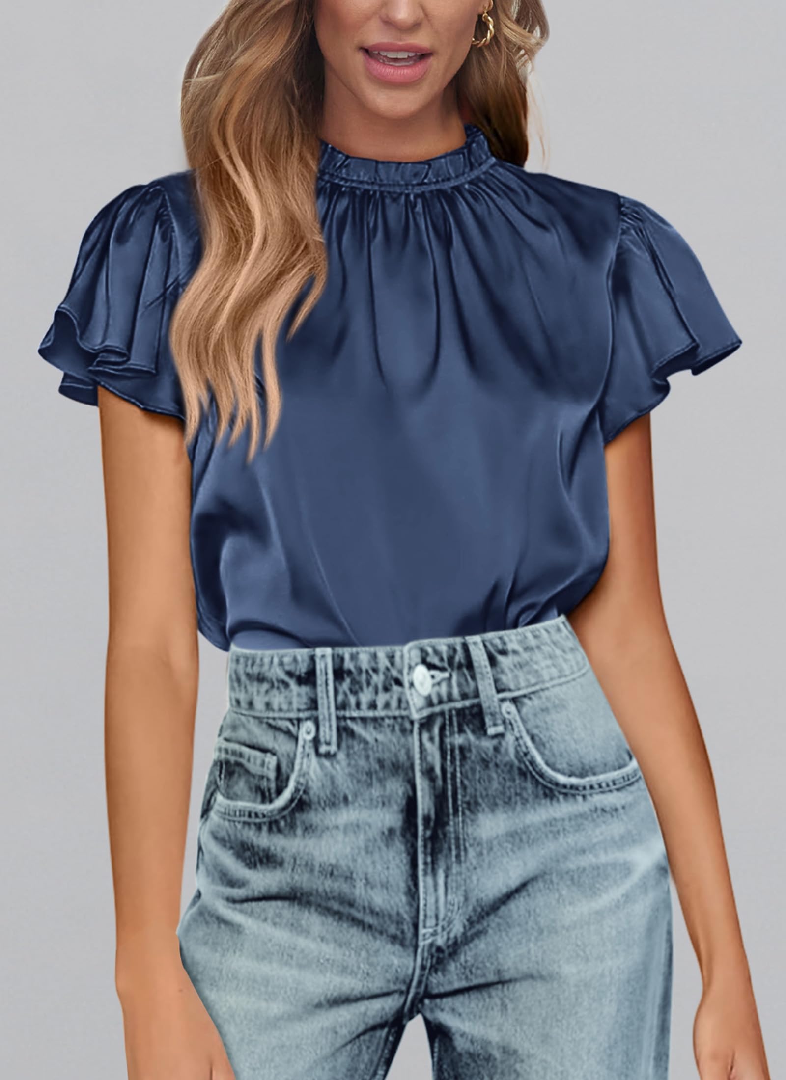 Women's Satin Tops Business Casual Work Blouses, Navy,S