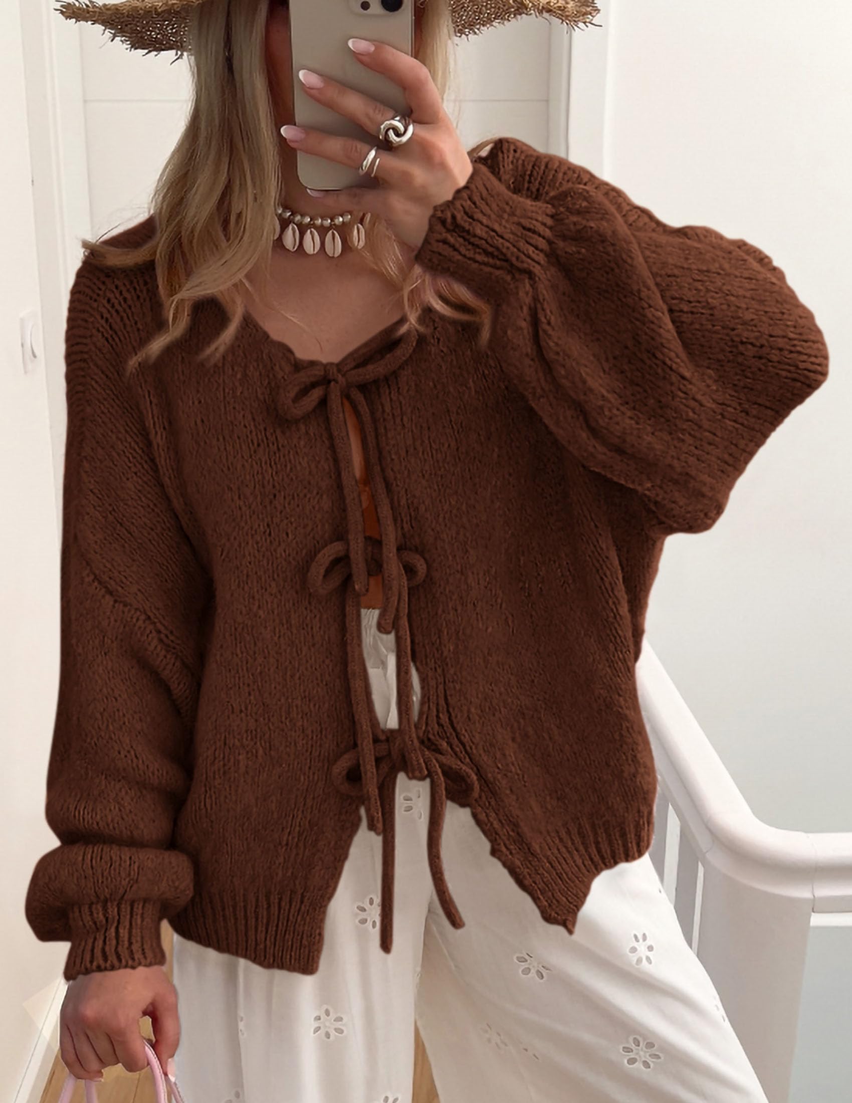 Women's Tie Front Bow Cardigan Sweaters(Caramel,Small)