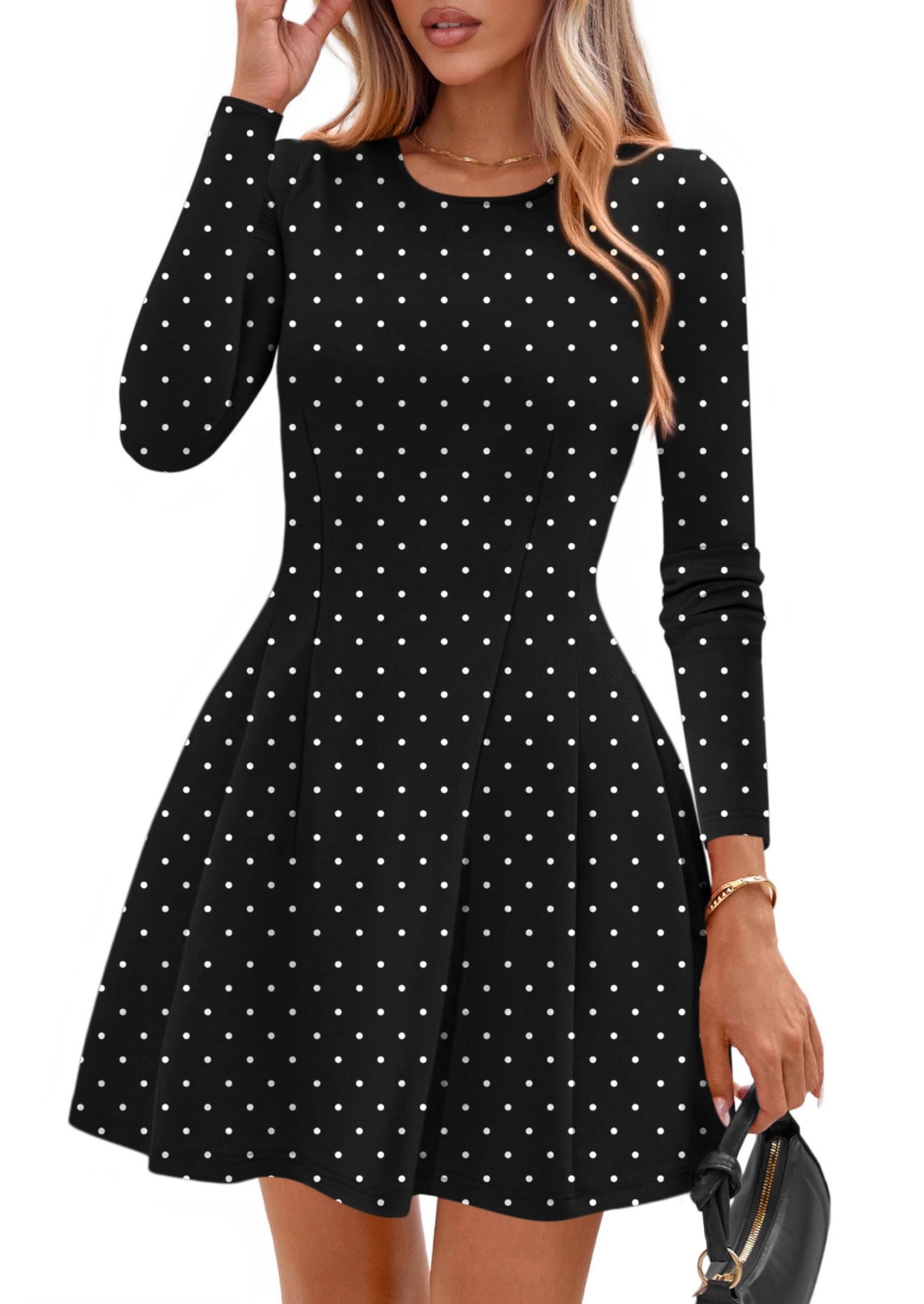 Womens Long Sleeve Pleated Mini Dress,Dot Black White,XS