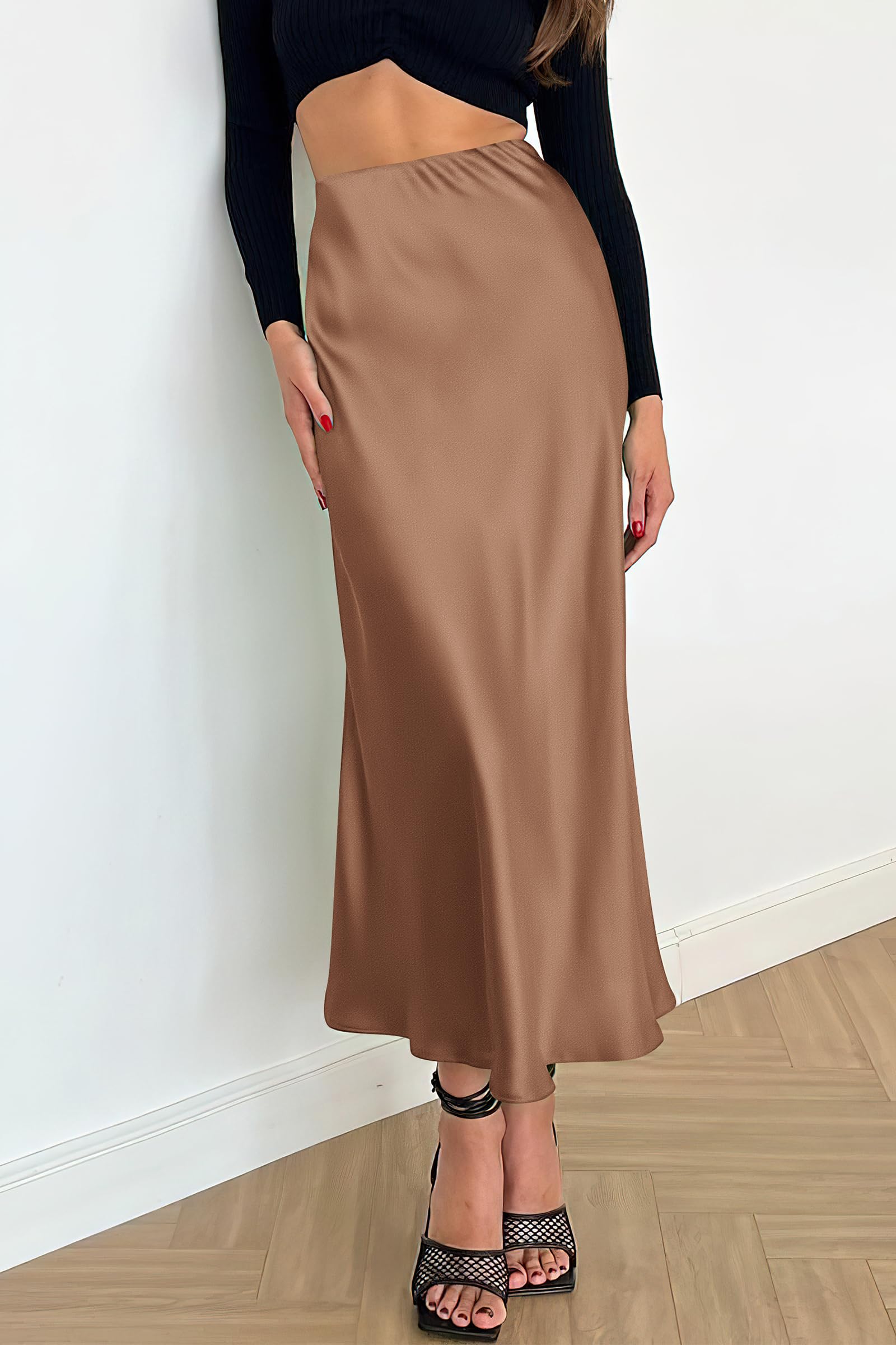 Women's Satin Midi Skirts Dressy Casual,Coffee,S