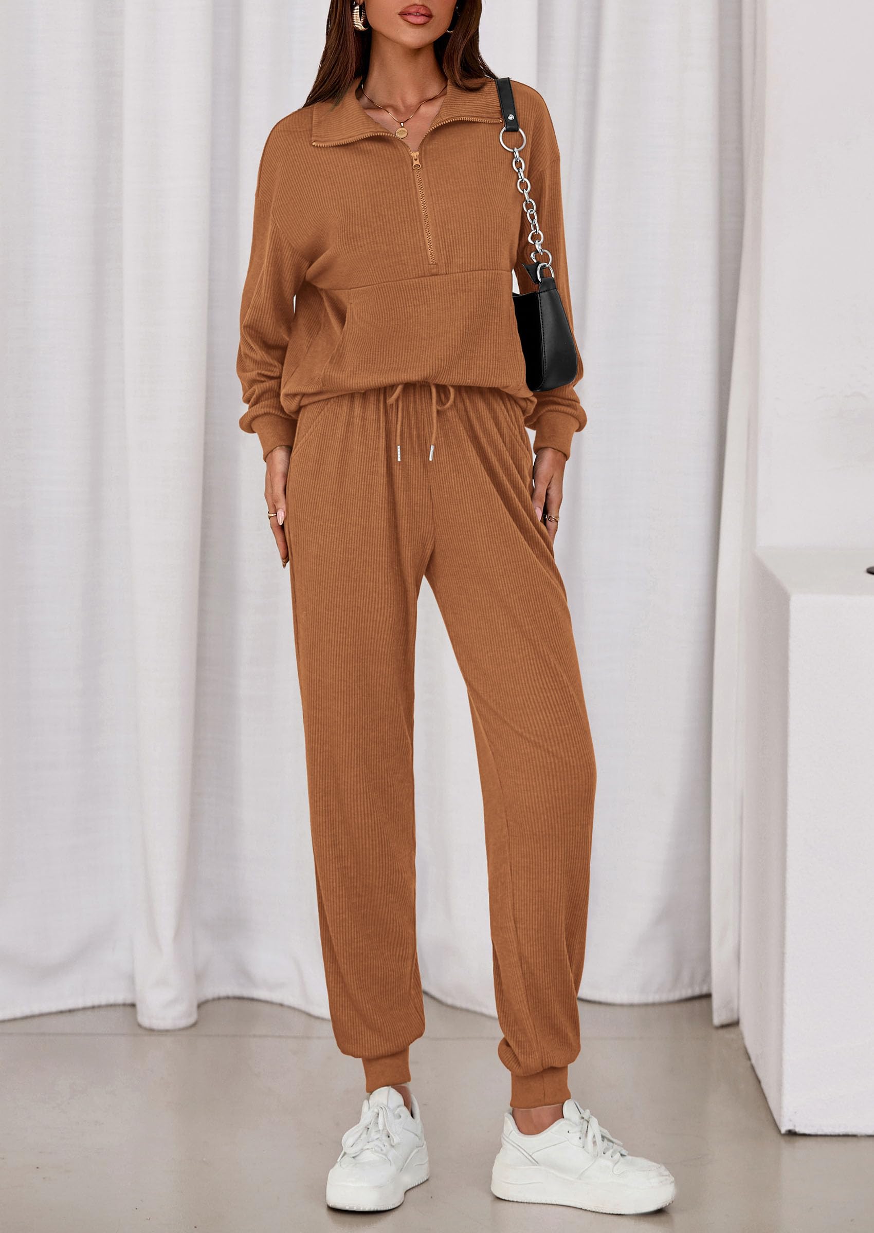 Airport Travel Outfit Women Ribbed Knit Matching Lounge Sets