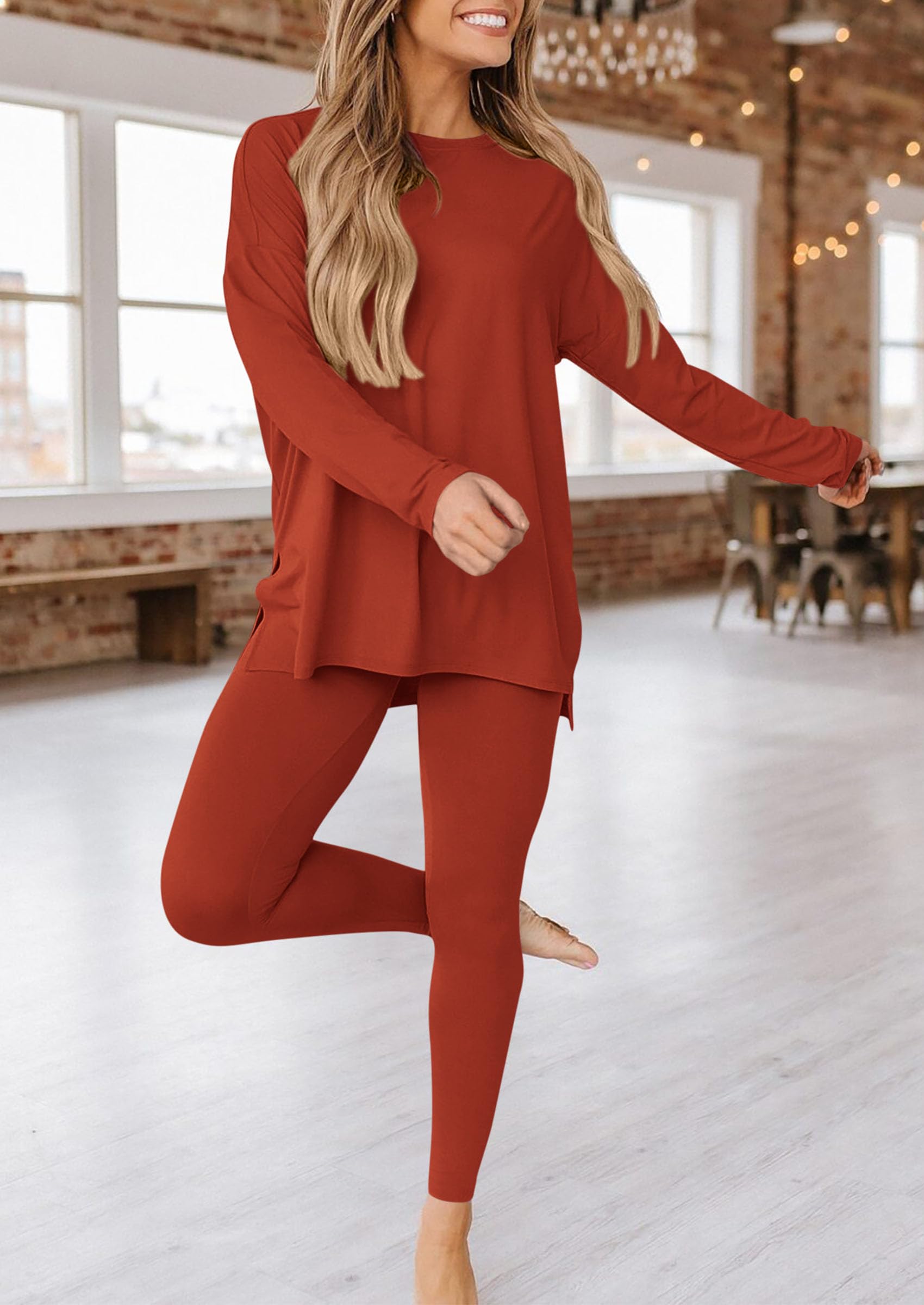 Women's 2 Piece Outfits Matching Lounge Sets,Brick Red,S
