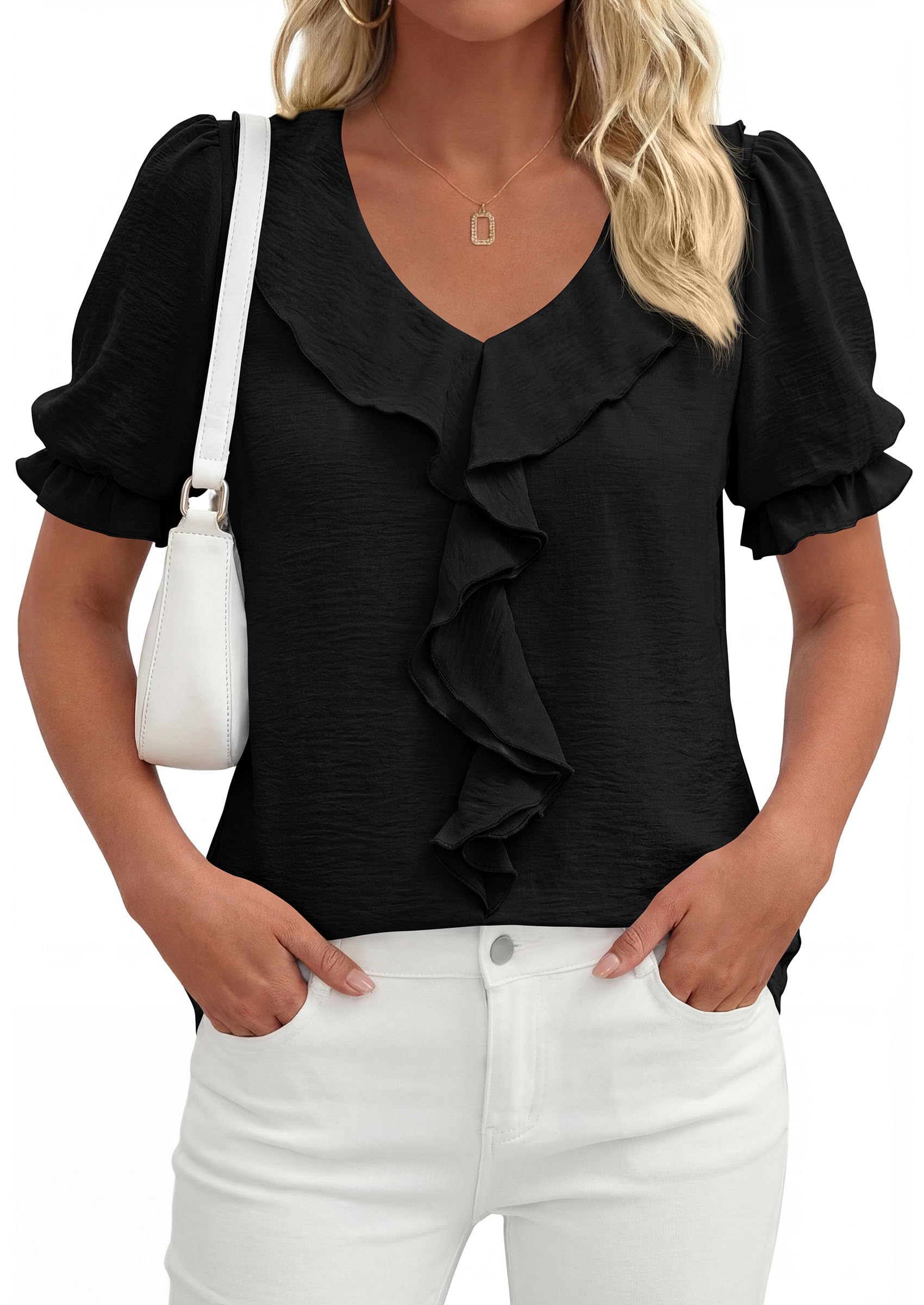 Women's Summer Ruffle Dressy Casual Blouses (Black,S)