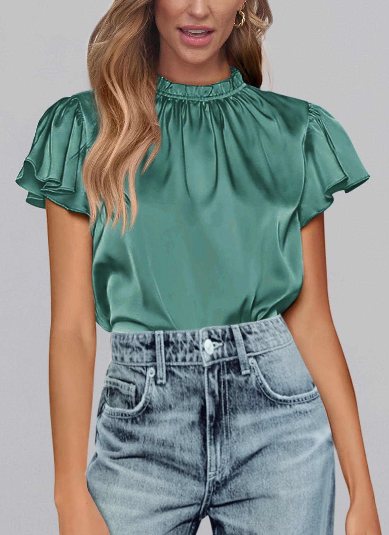 Women's Satin Tops Business Casual Work Blouses, Aqua Green,S