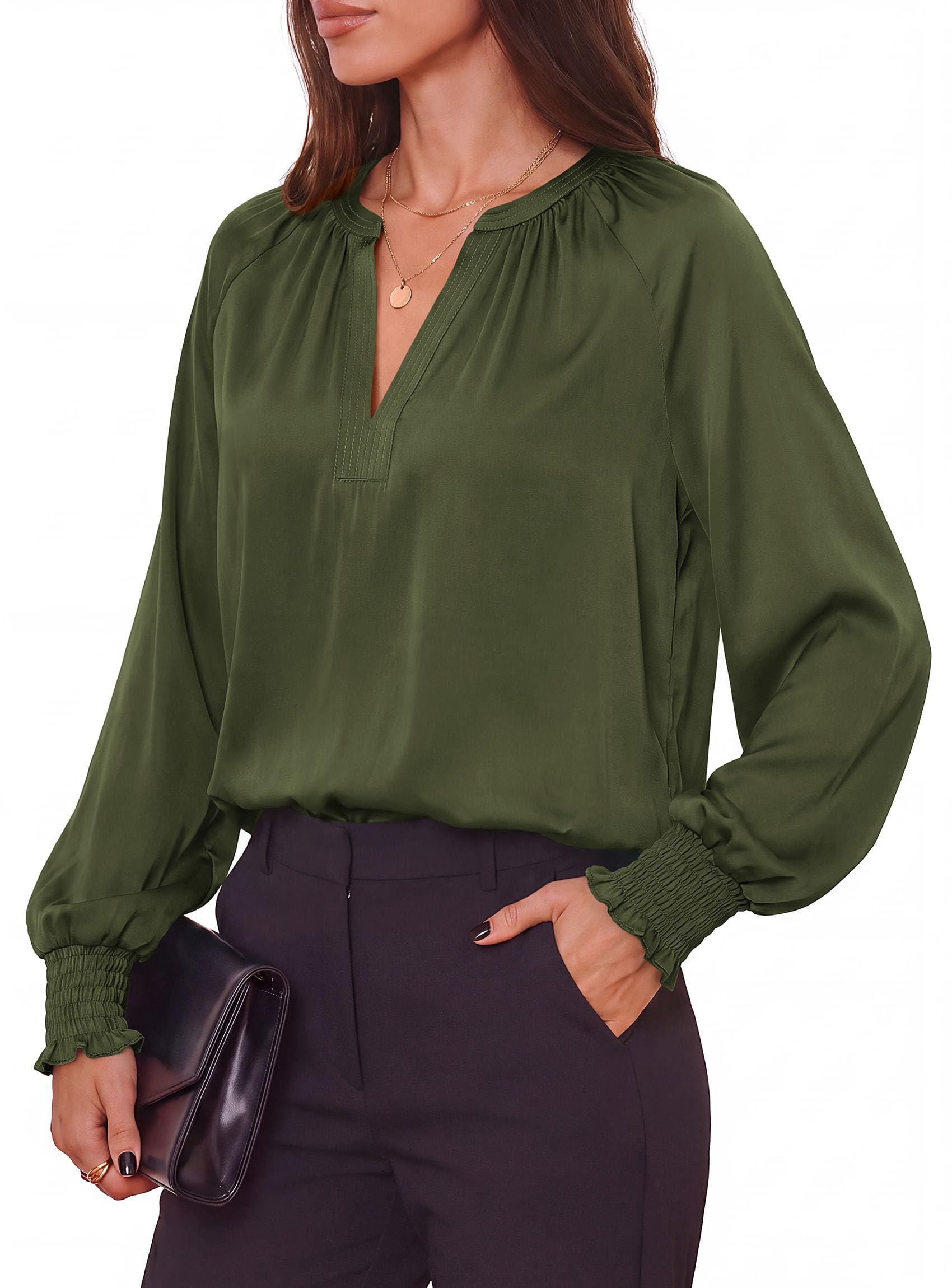 Women's Satin Blouses V Neck Long Sleeve Tops,Army Green,L